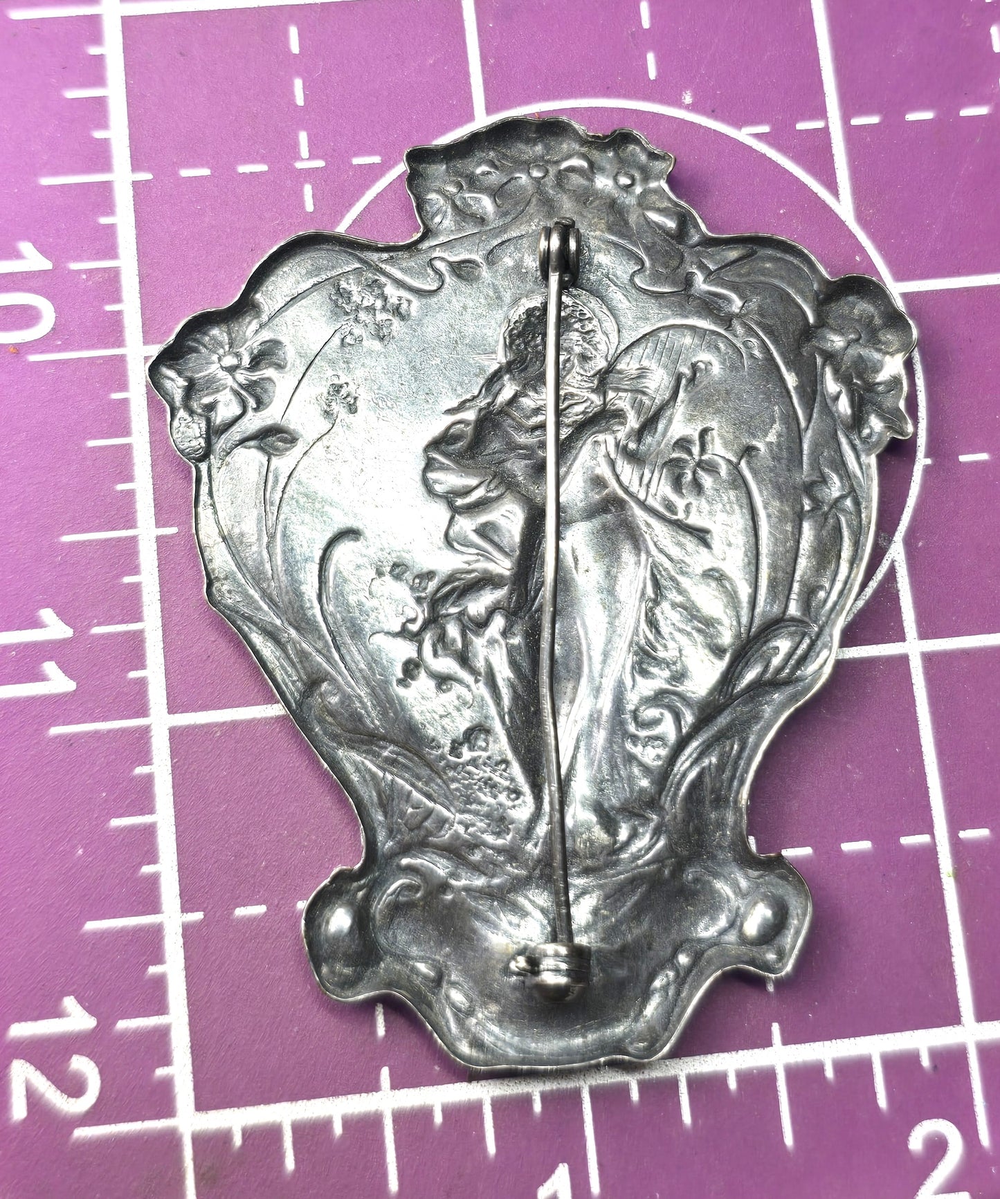 Art Nouveau style Nymph Silver Plated Lady With Harp deep patina vintage brooch