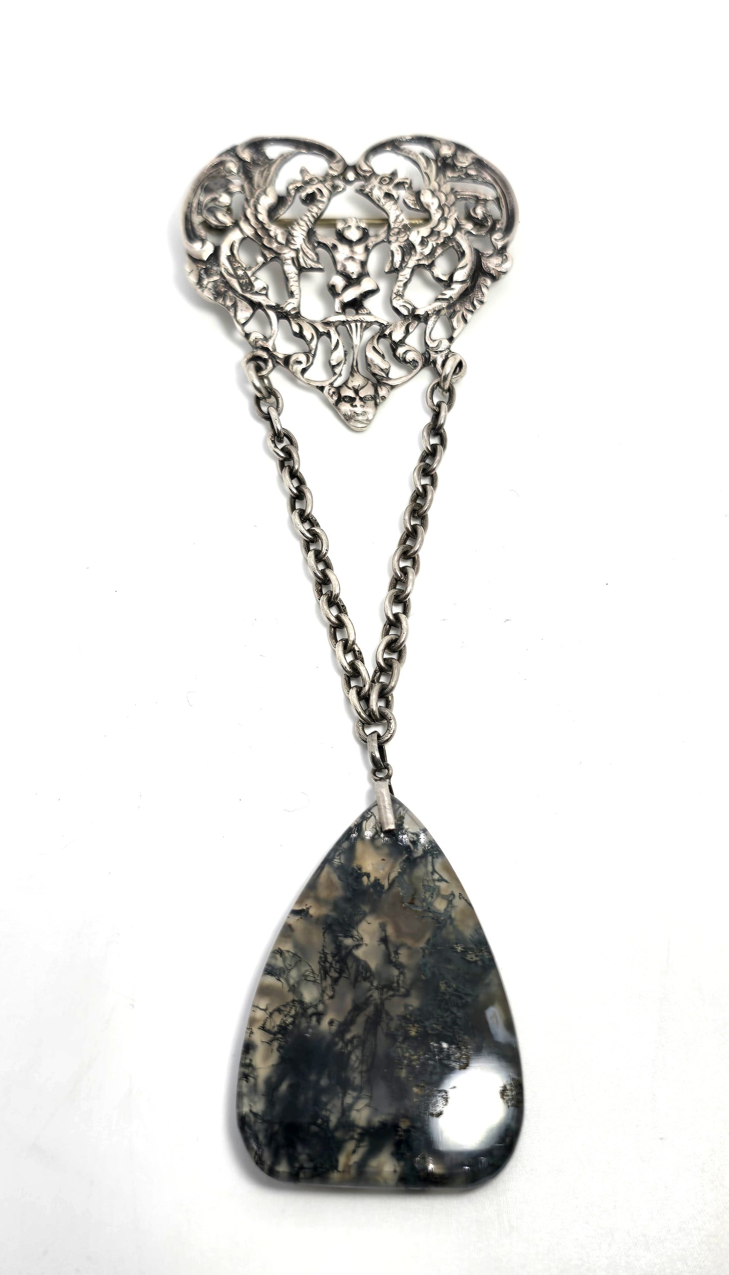 CS FS London Victorian antique Cherub gryphon moss agate chatelain Sterling Silver Brooch