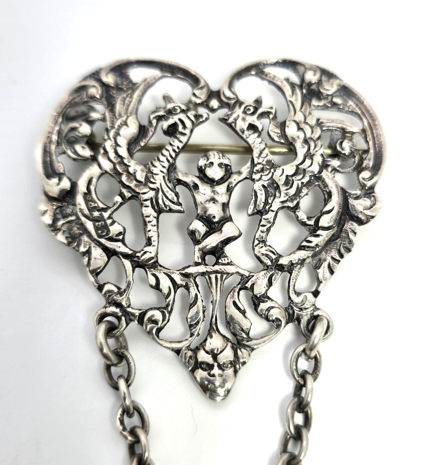 CS FS London Victorian antique Cherub gryphon moss agate chatelain Sterling Silver Brooch