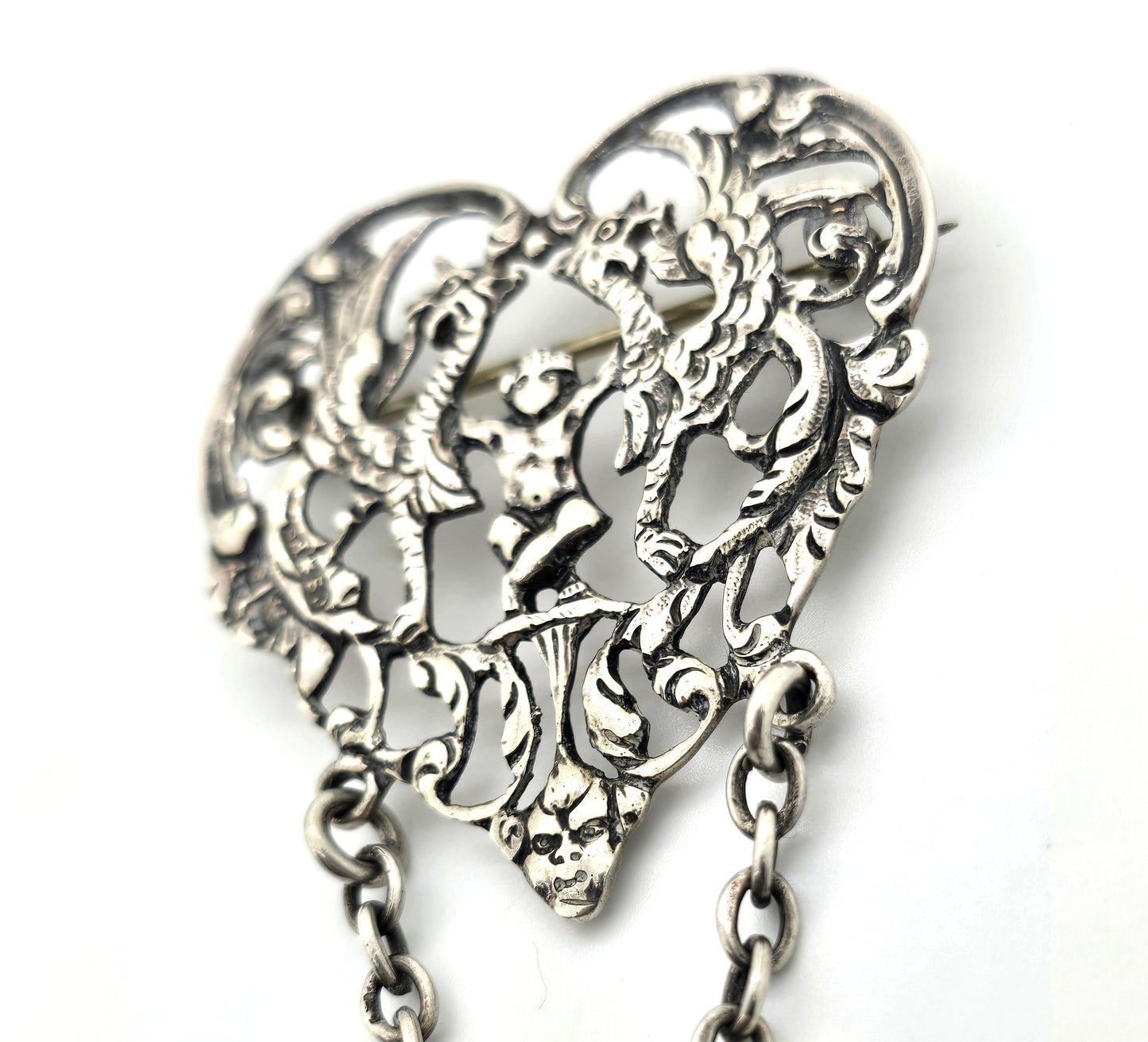 CS FS London Victorian antique Cherub gryphon moss agate chatelain Sterling Silver Brooch