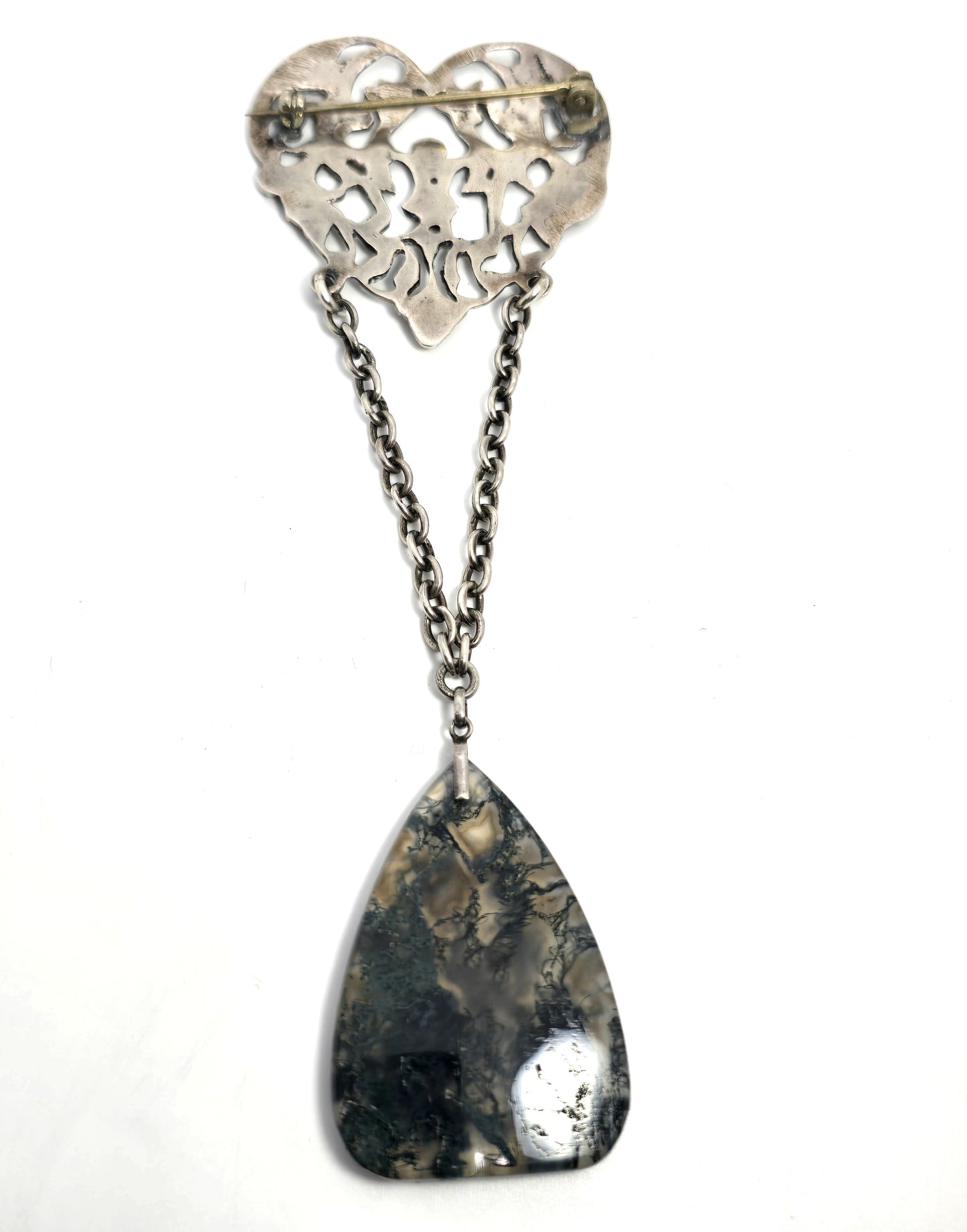 CS FS London Victorian antique Cherub gryphon moss agate chatelain Sterling Silver Brooch