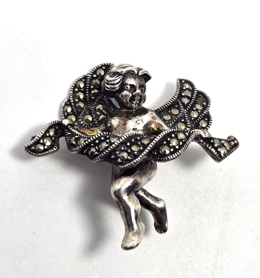 Judith Jack Cherub Cupid Putti marcasite Vintage Sterling Silver Brooch pin