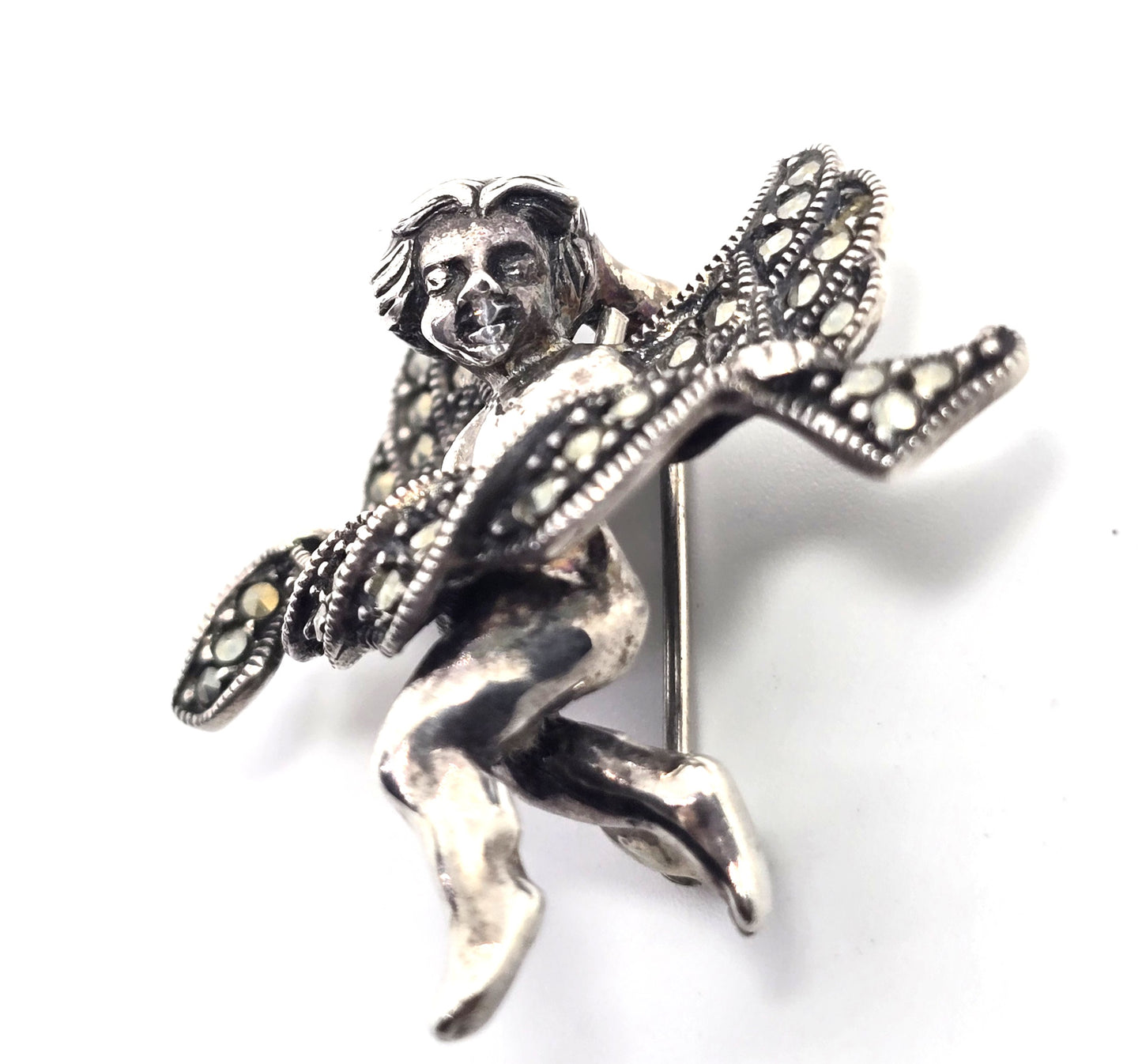 Judith Jack Cherub Cupid Putti marcasite Vintage Sterling Silver Brooch pin