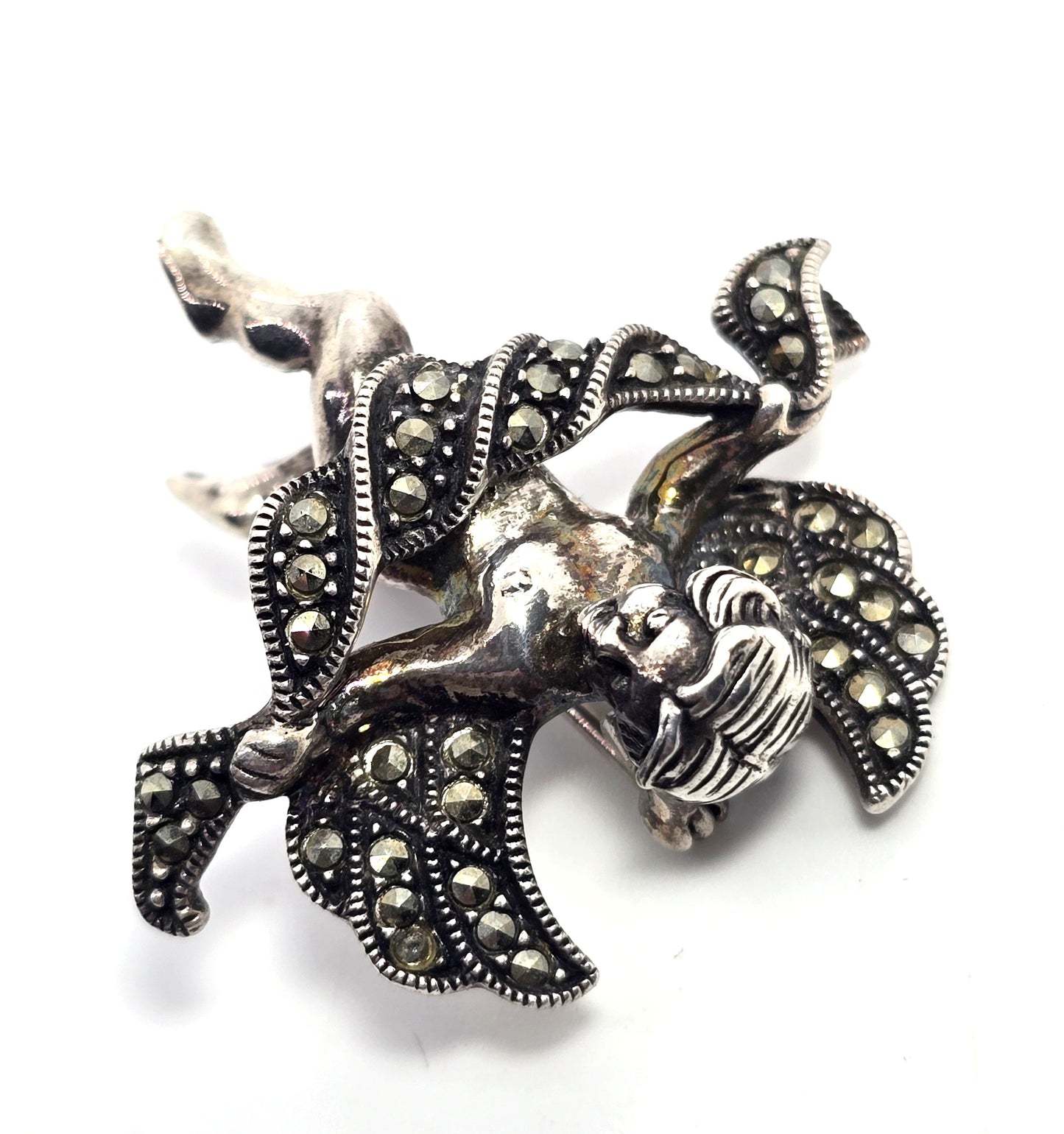Judith Jack Cherub Cupid Putti marcasite Vintage Sterling Silver Brooch pin