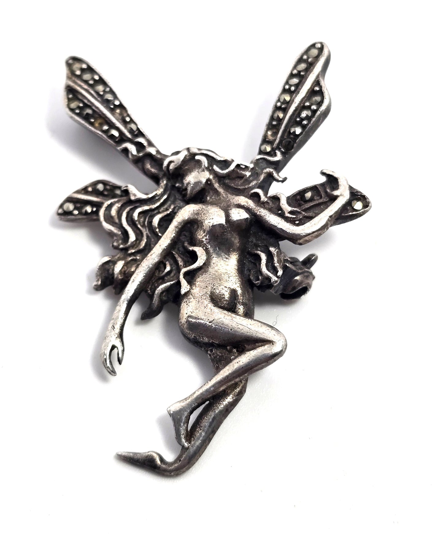 Art Nouveau Fairy Nymph style marcasite sterling silver vintage brooch