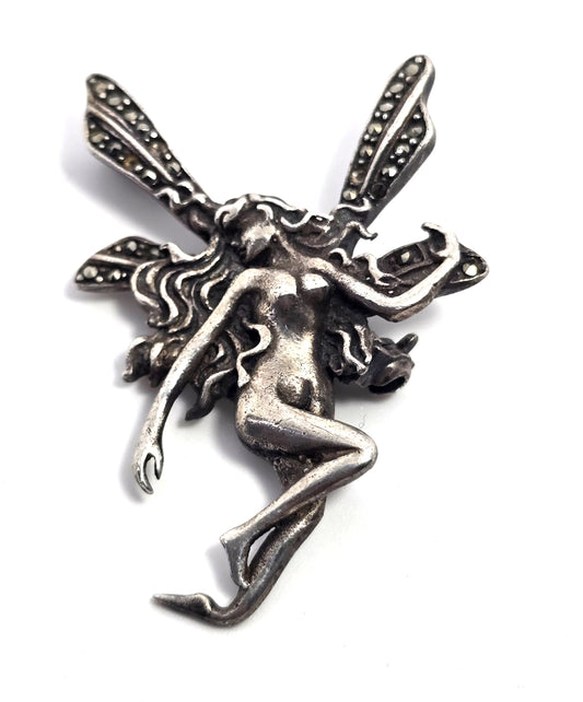 Art Nouveau Fairy Nymph style marcasite sterling silver vintage brooch