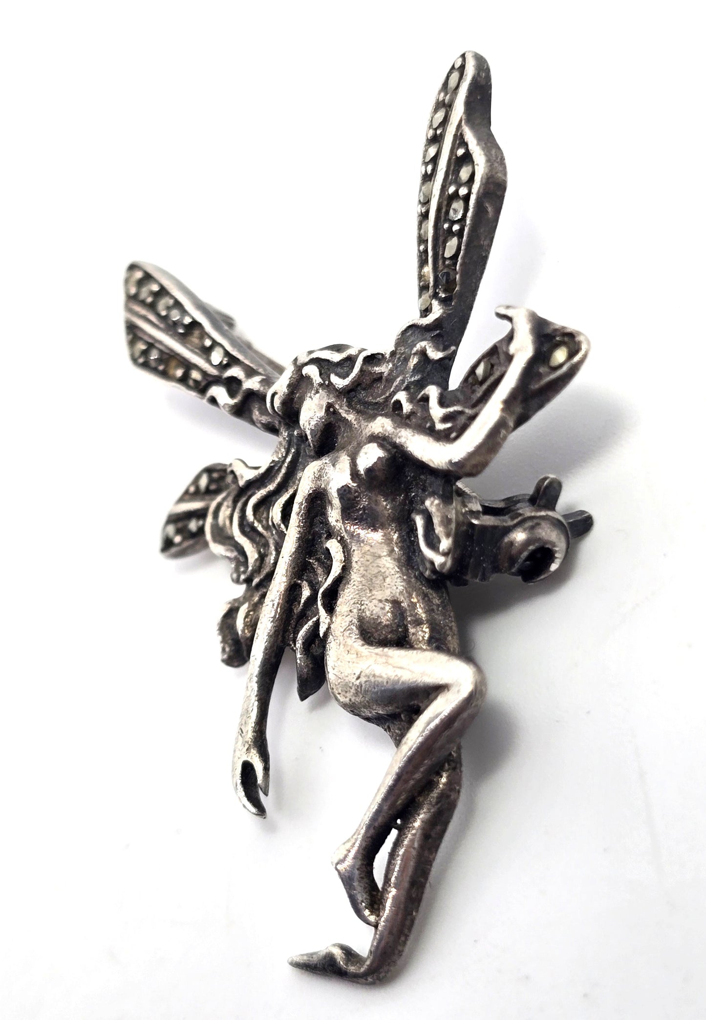 Art Nouveau Fairy Nymph style marcasite sterling silver vintage brooch