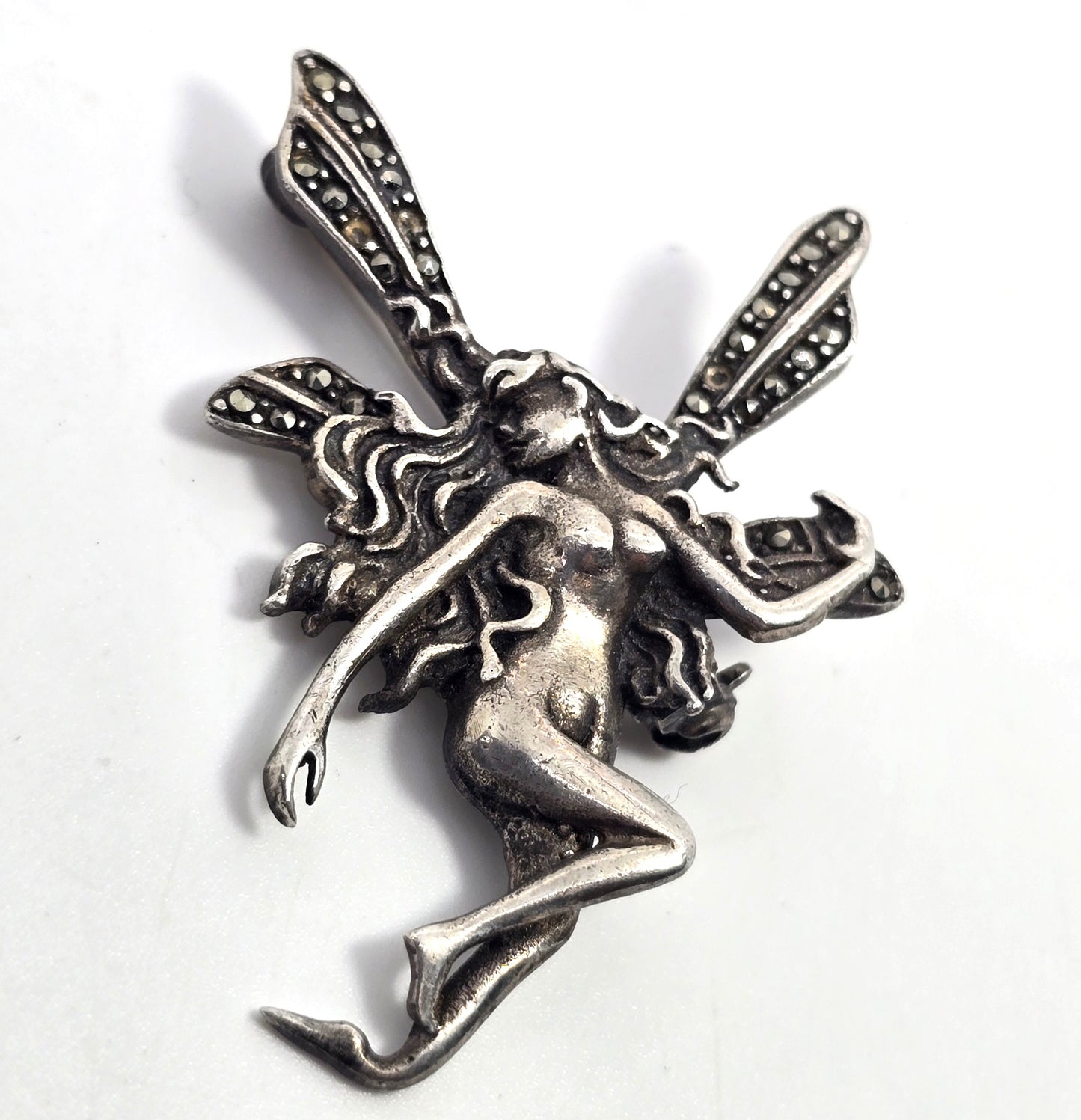 Art Nouveau Fairy Nymph style marcasite sterling silver vintage brooch