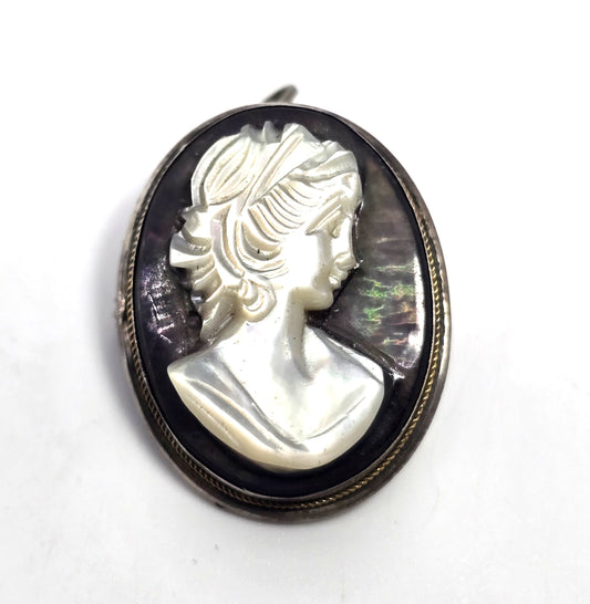 Cameo Mother of Pearl MOP carved shell sterling silver pendant brooch 800