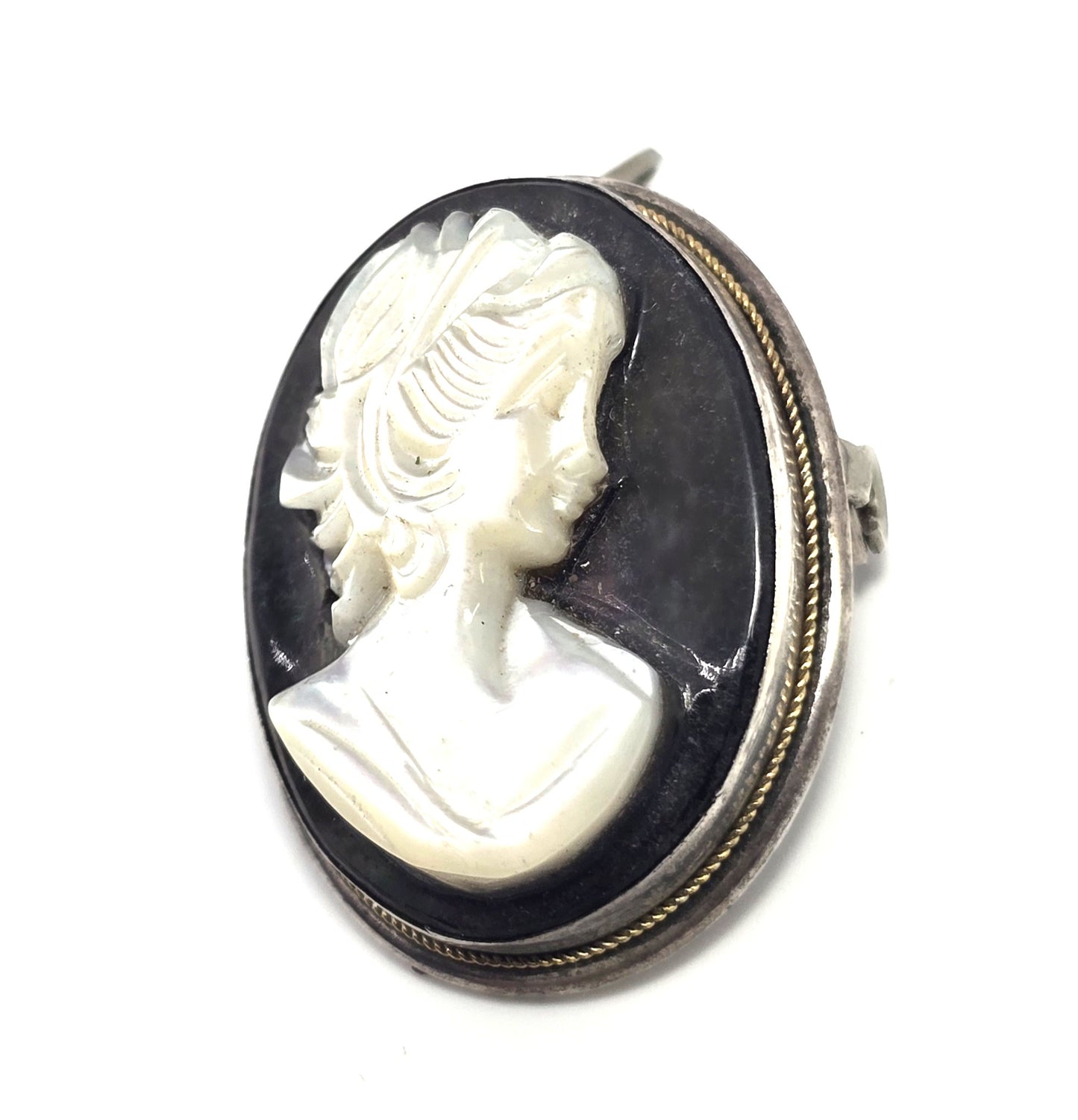 Cameo Mother of Pearl MOP carved shell sterling silver pendant brooch 800