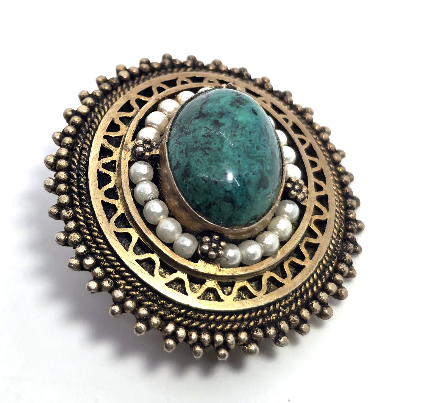 Eilat Stone white pearl Israel vintage vermeil gold over sterling silver brooch