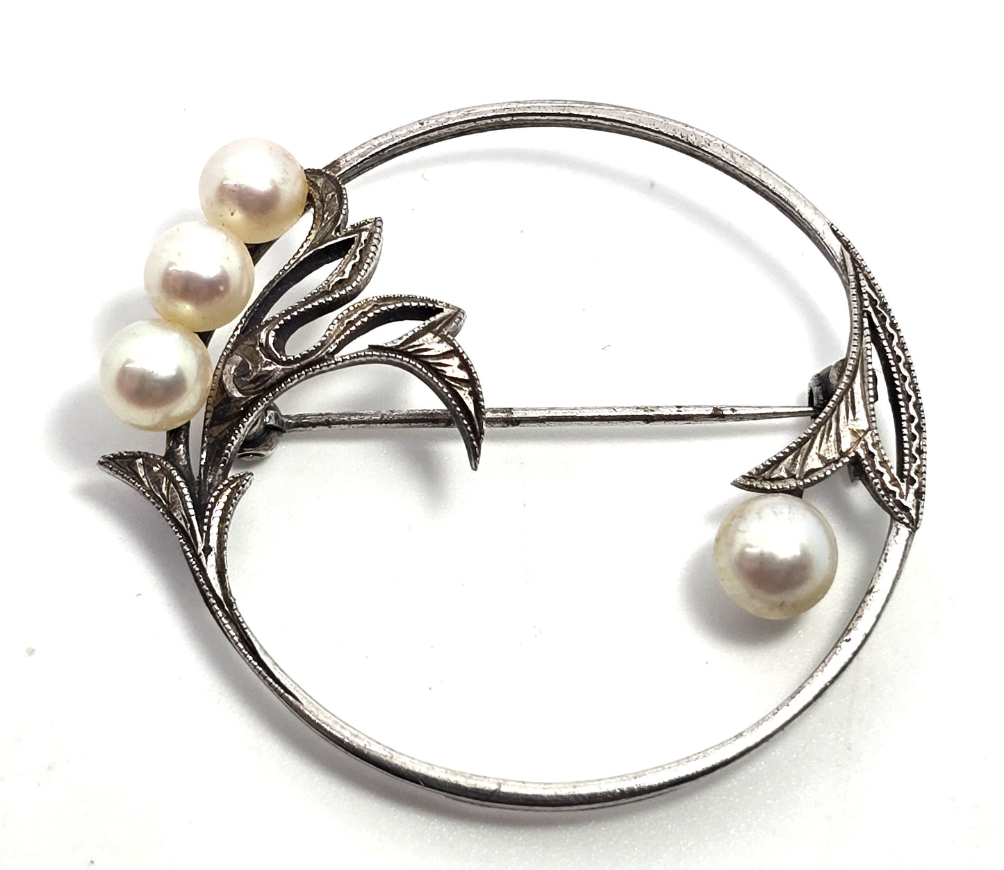 Mikimoto 4 Akoya Cultured Pearl flower vintage mid century sterling silver brooch