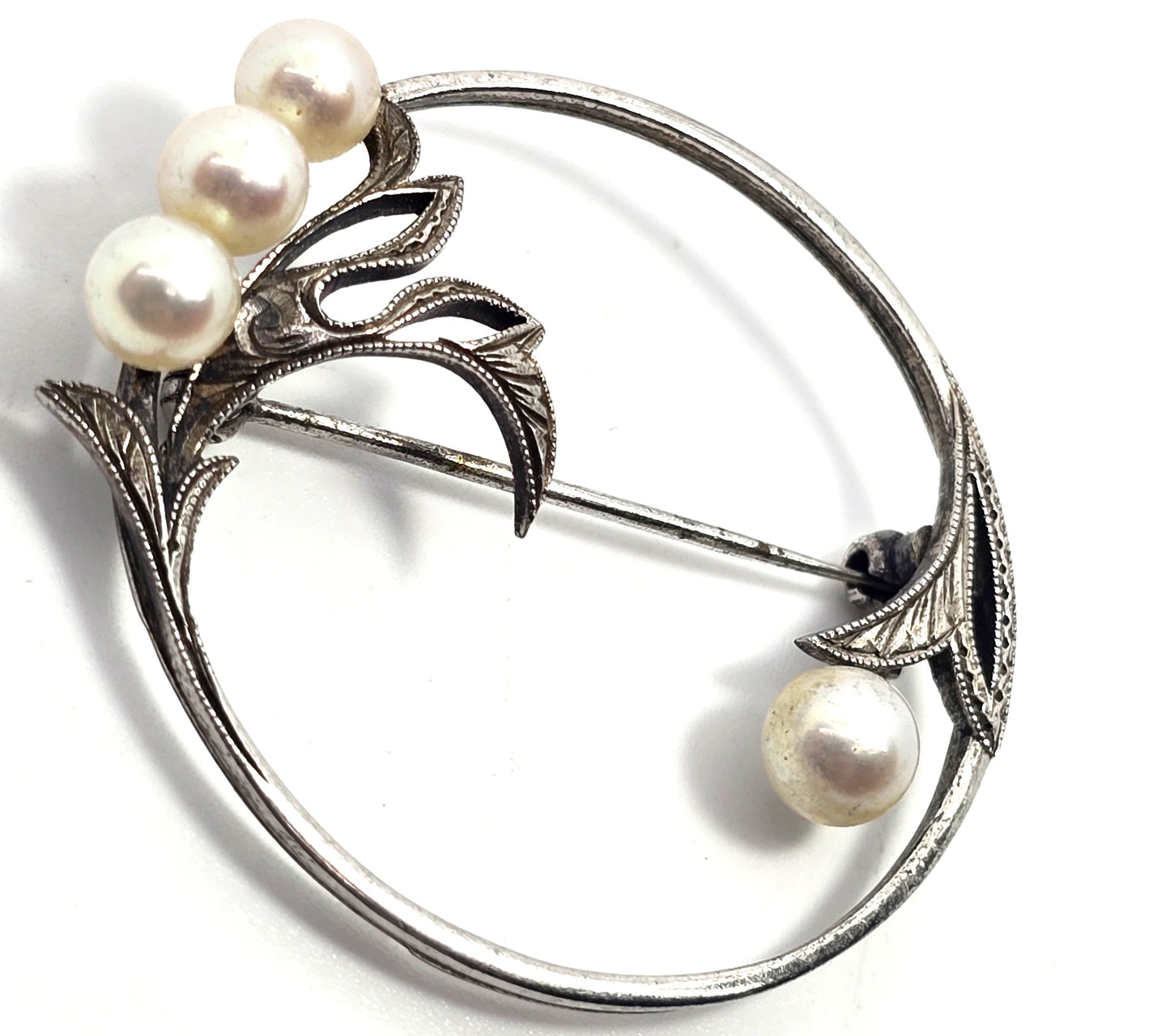 Mikimoto 4 Akoya Cultured Pearl flower vintage mid century sterling silver brooch