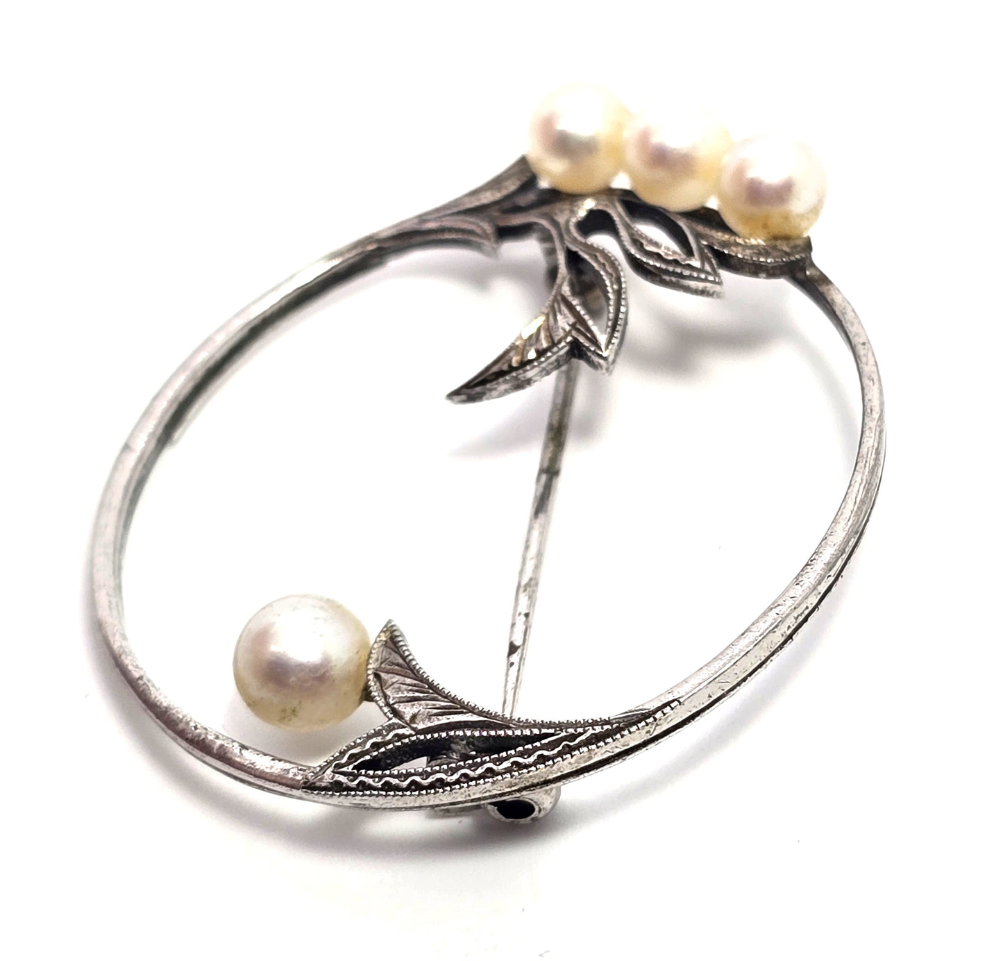 Mikimoto 4 Akoya Cultured Pearl flower vintage mid century sterling silver brooch