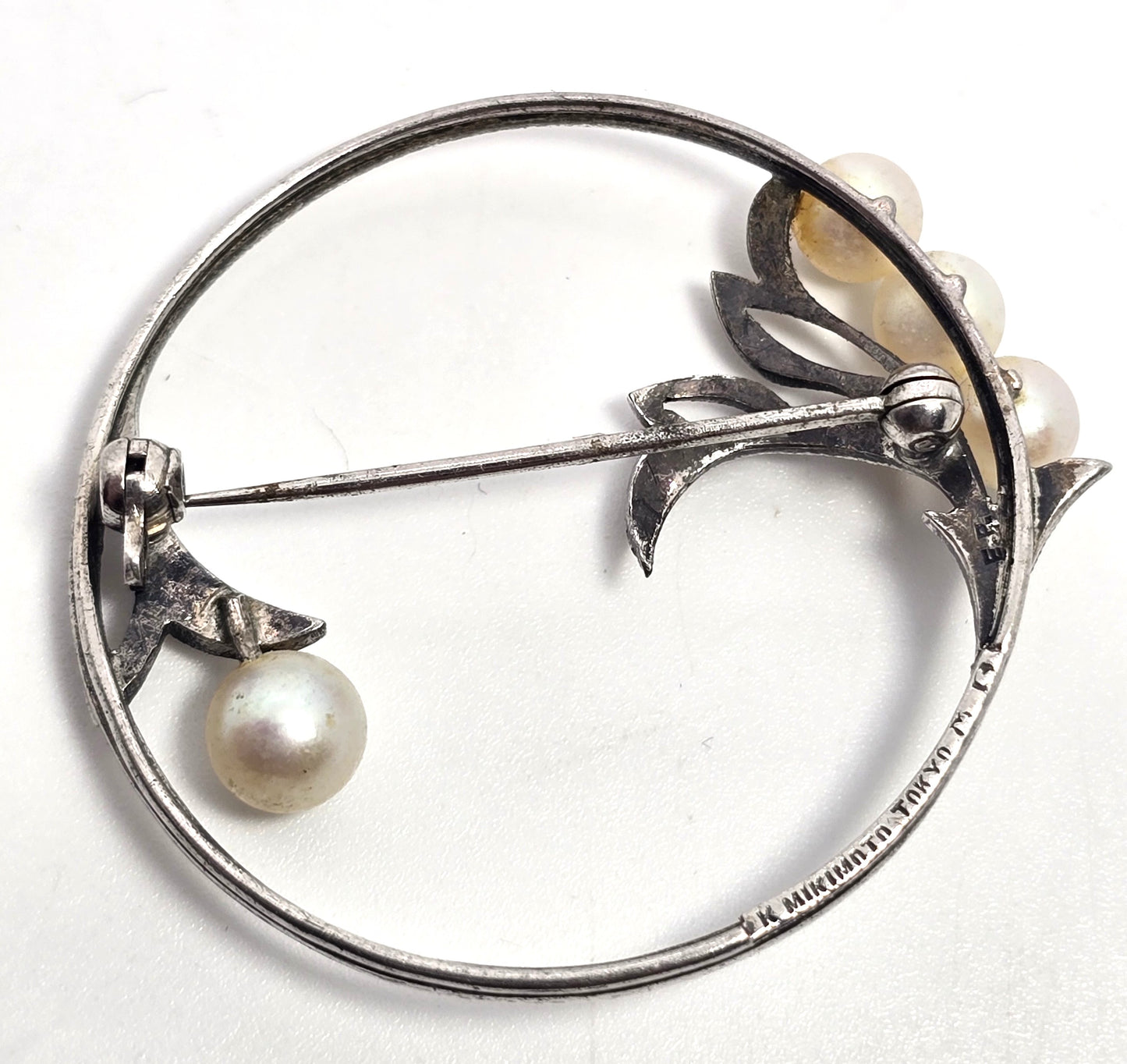 Mikimoto 4 Akoya Cultured Pearl flower vintage mid century sterling silver brooch