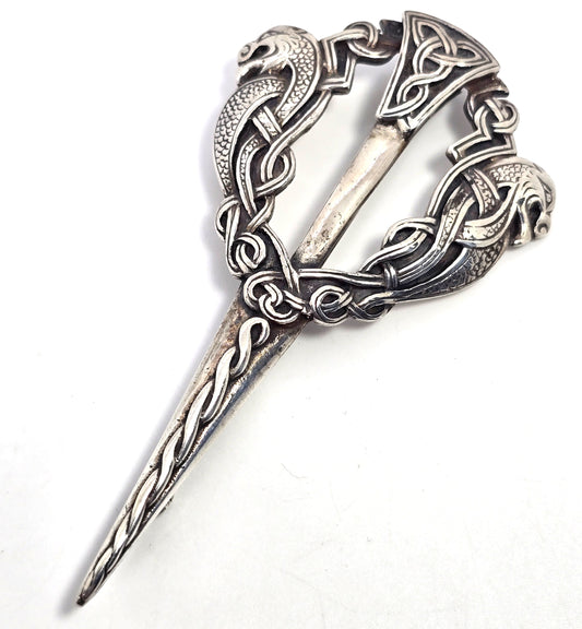 Vintage Large Scottish Nordic double gryphon HJ sterling silver kilt pin brooch