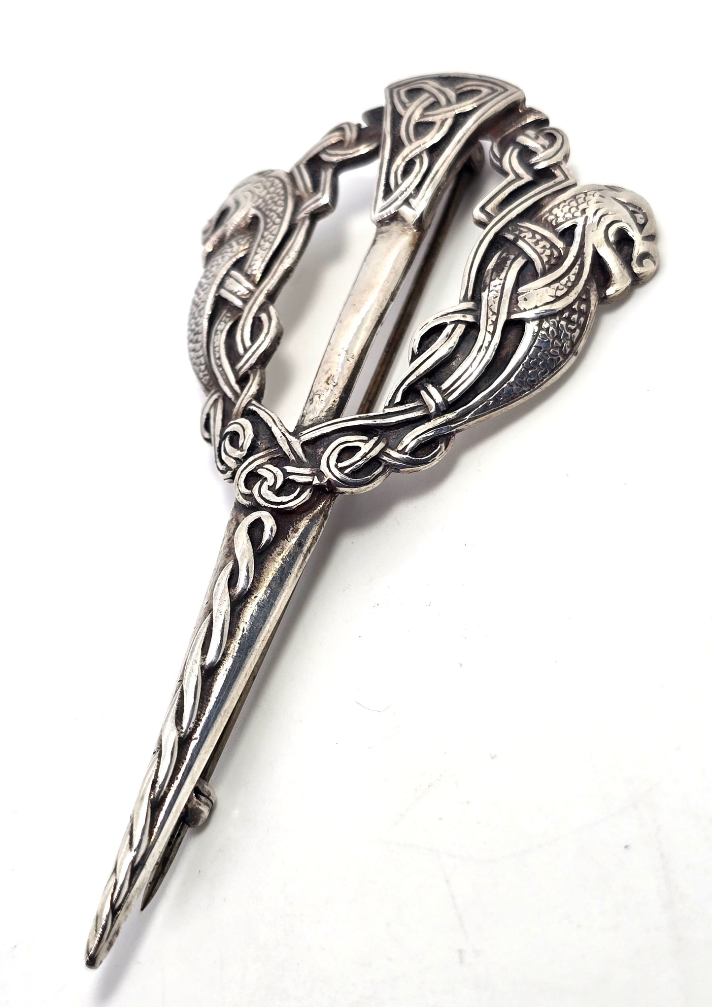 Vintage Large Scottish Nordic double gryphon HJ sterling silver kilt pin brooch