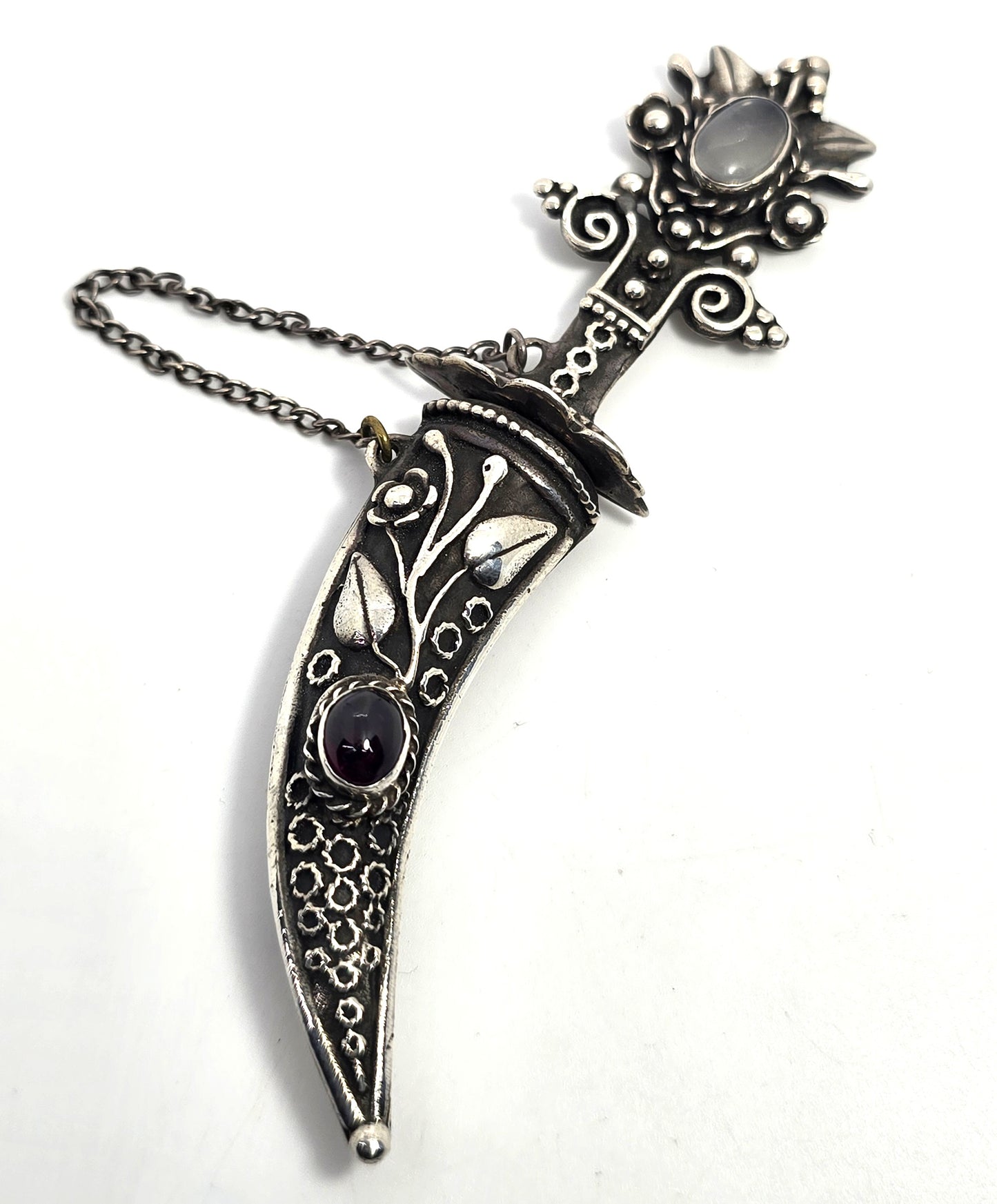 Large Khanjar-inspired Dagger in Scabbard Moonstone sterling silver Pin Brooch