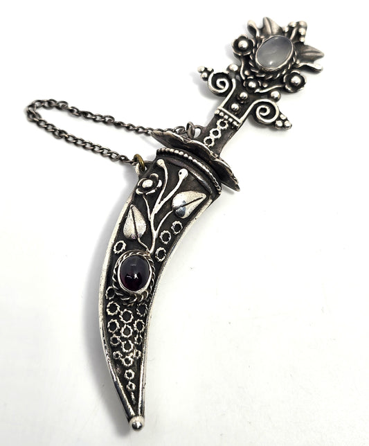 Large Khanjar-inspired Dagger in Scabbard Moonstone sterling silver Pin Brooch