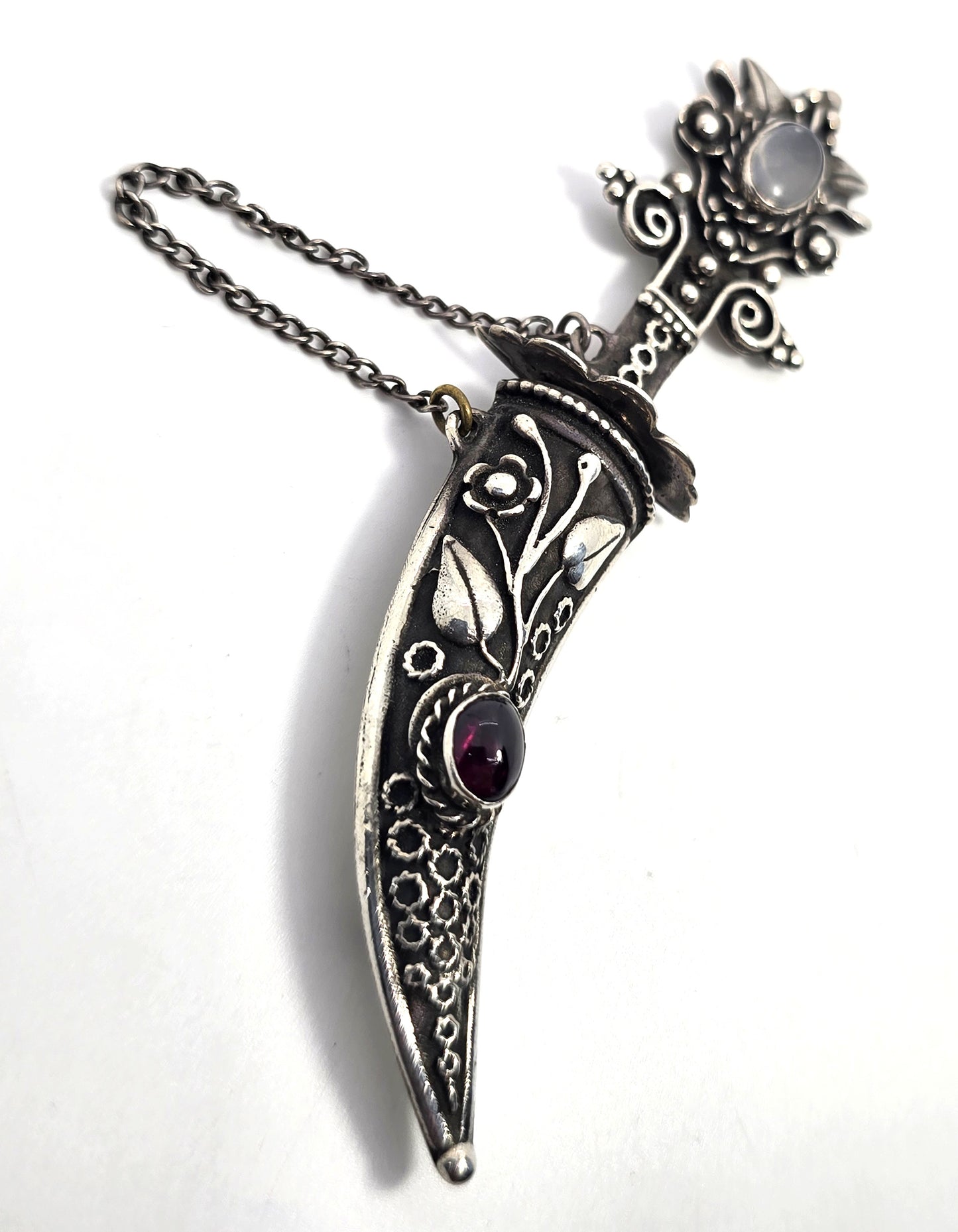 Large Khanjar-inspired Dagger in Scabbard Moonstone sterling silver Pin Brooch