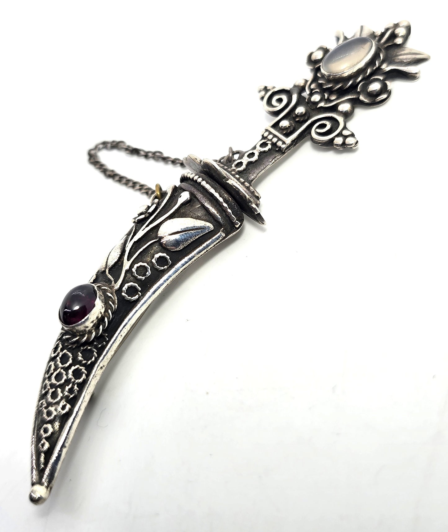 Large Khanjar-inspired Dagger in Scabbard Moonstone sterling silver Pin Brooch