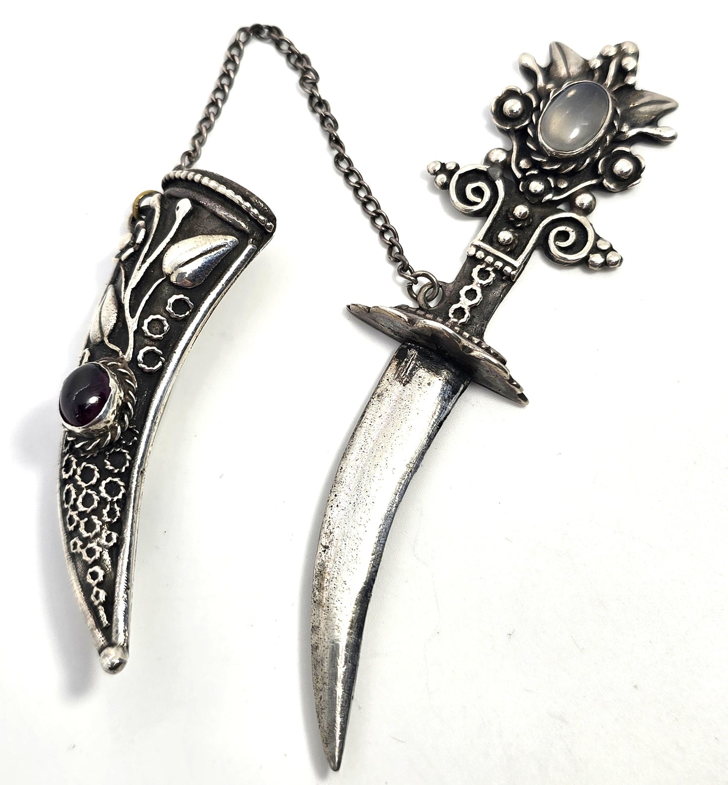 Large Khanjar-inspired Dagger in Scabbard Moonstone sterling silver Pin Brooch