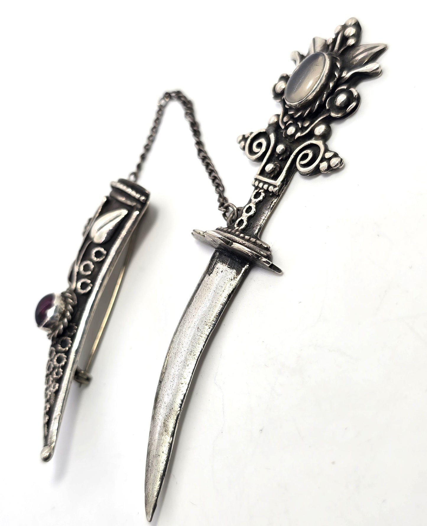 Large Khanjar-inspired Dagger in Scabbard Moonstone sterling silver Pin Brooch