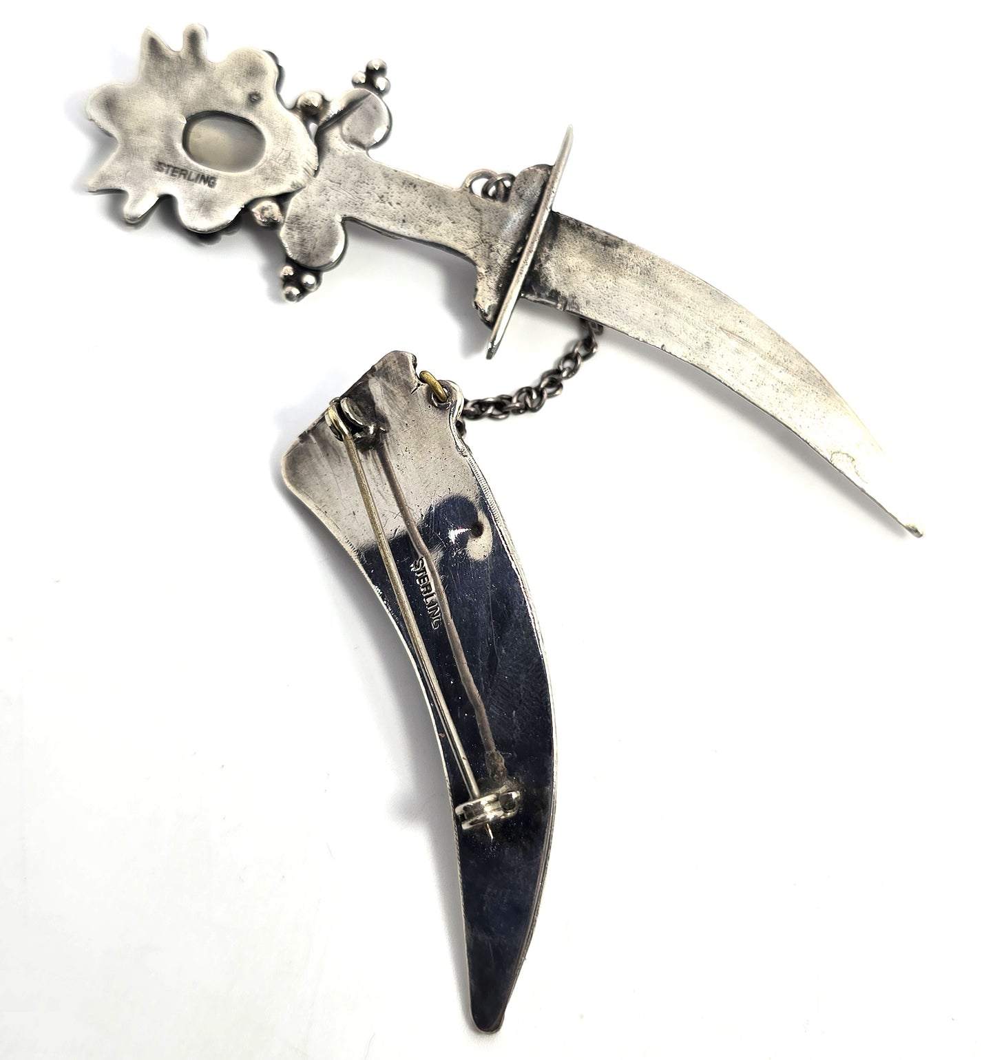 Large Khanjar-inspired Dagger in Scabbard Moonstone sterling silver Pin Brooch