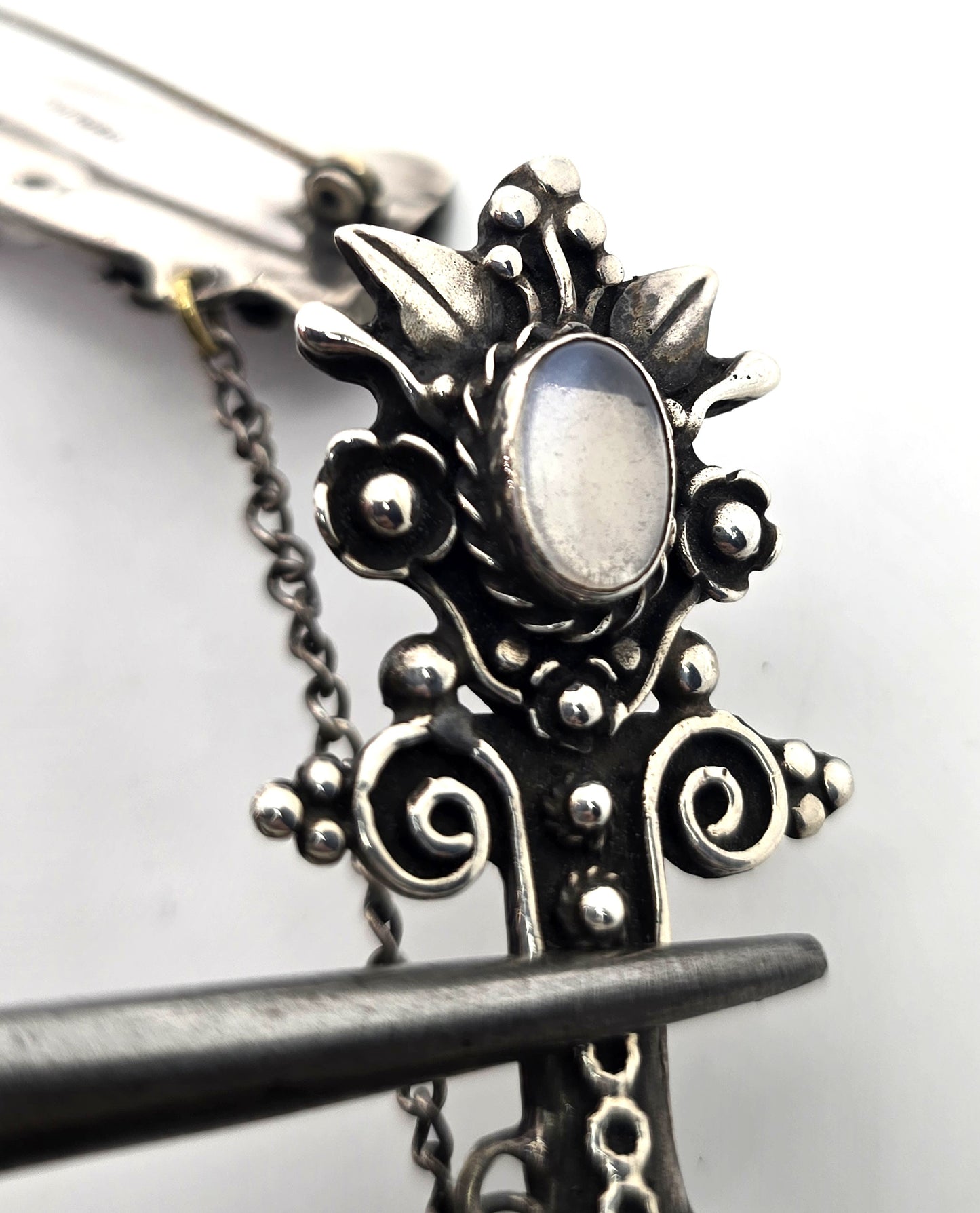 Large Khanjar-inspired Dagger in Scabbard Moonstone sterling silver Pin Brooch