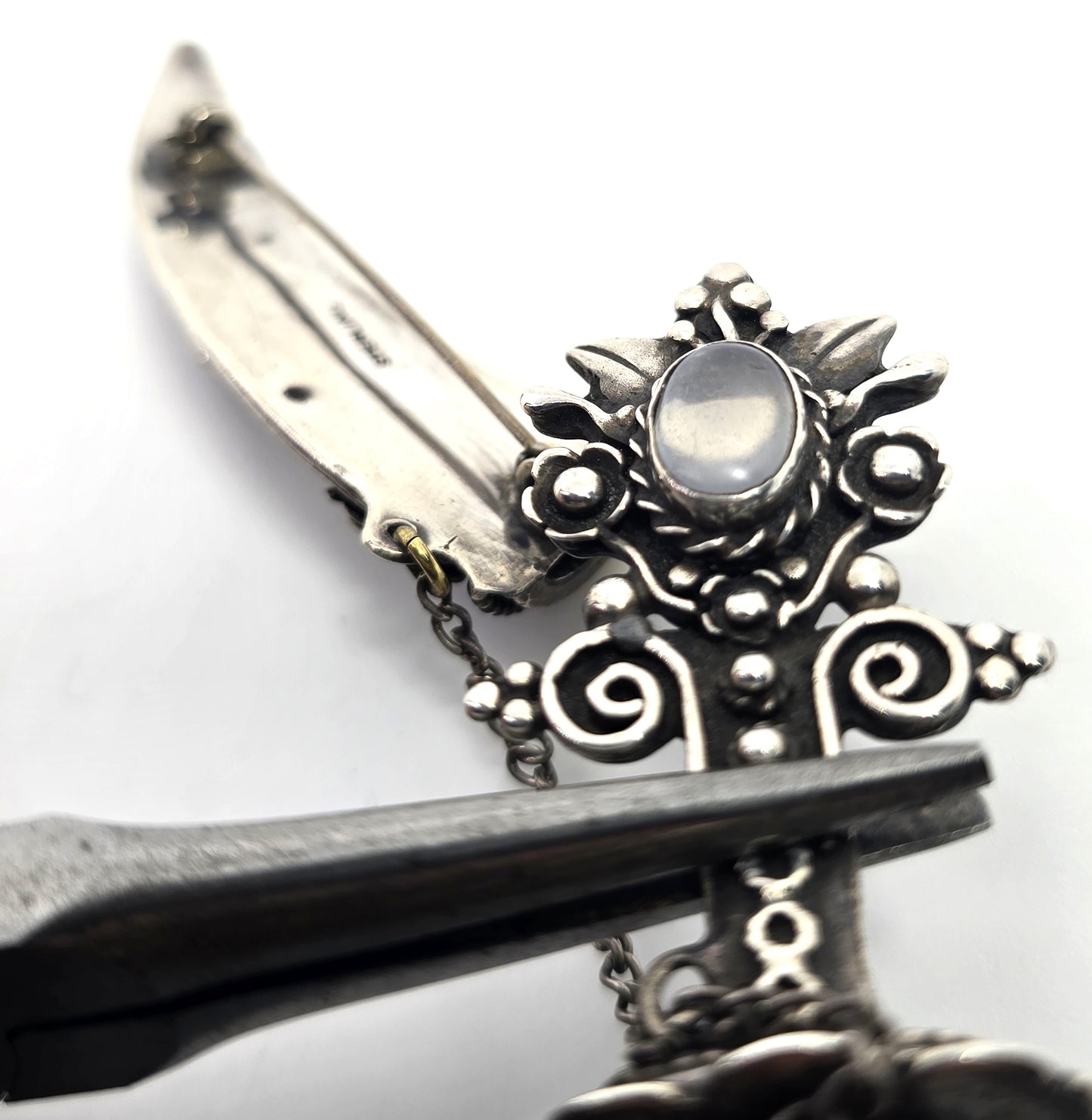 Large Khanjar-inspired Dagger in Scabbard Moonstone sterling silver Pin Brooch