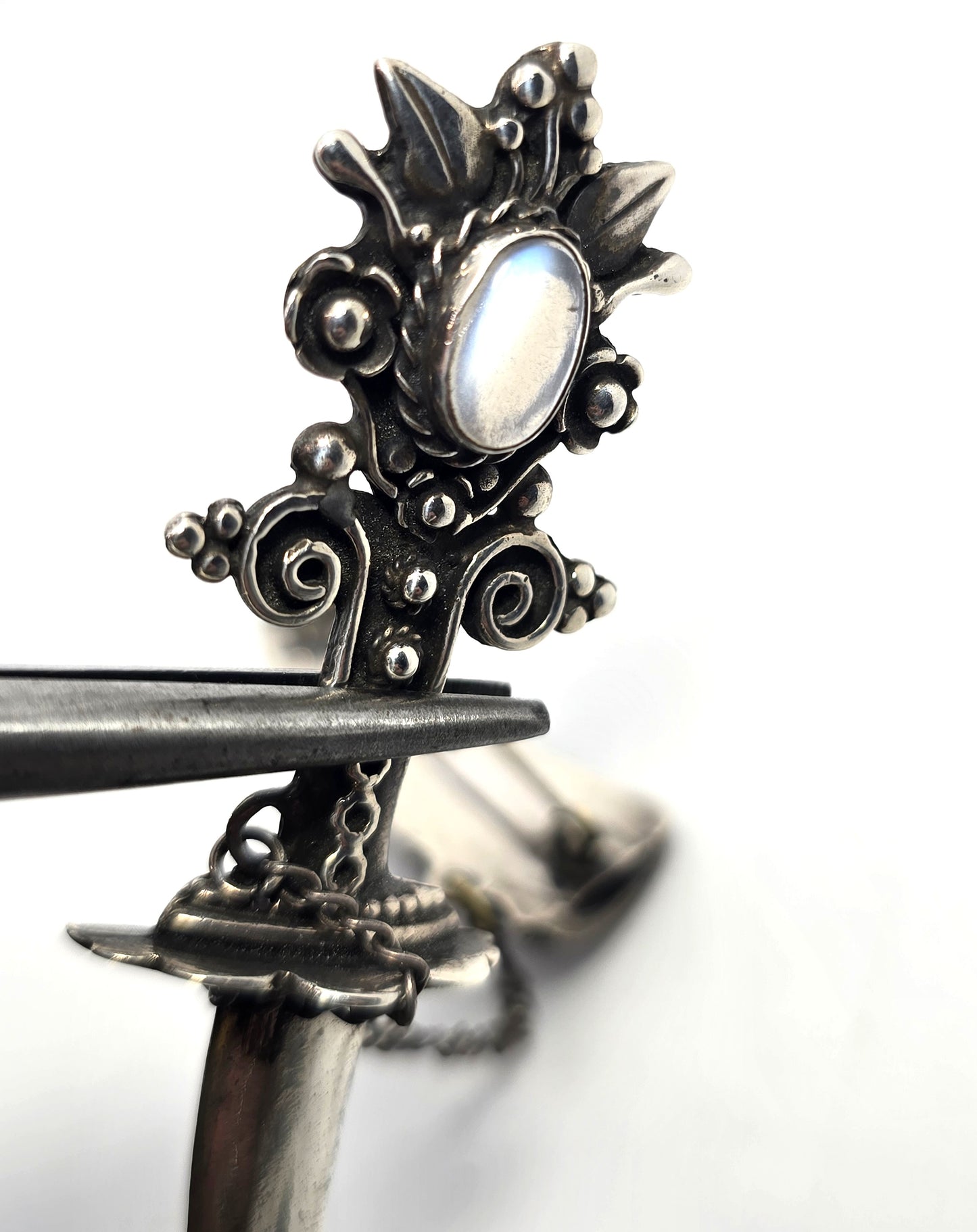Large Khanjar-inspired Dagger in Scabbard Moonstone sterling silver Pin Brooch