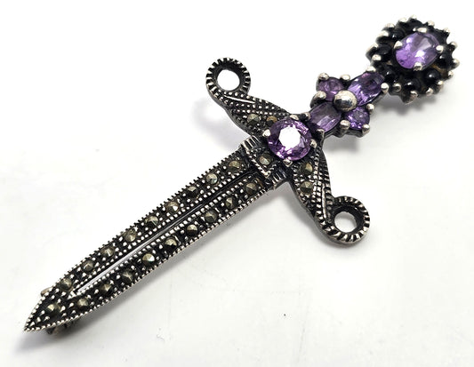 Amethyst Black and purple marcasite Dagger vintage sterling silver Pin Brooch