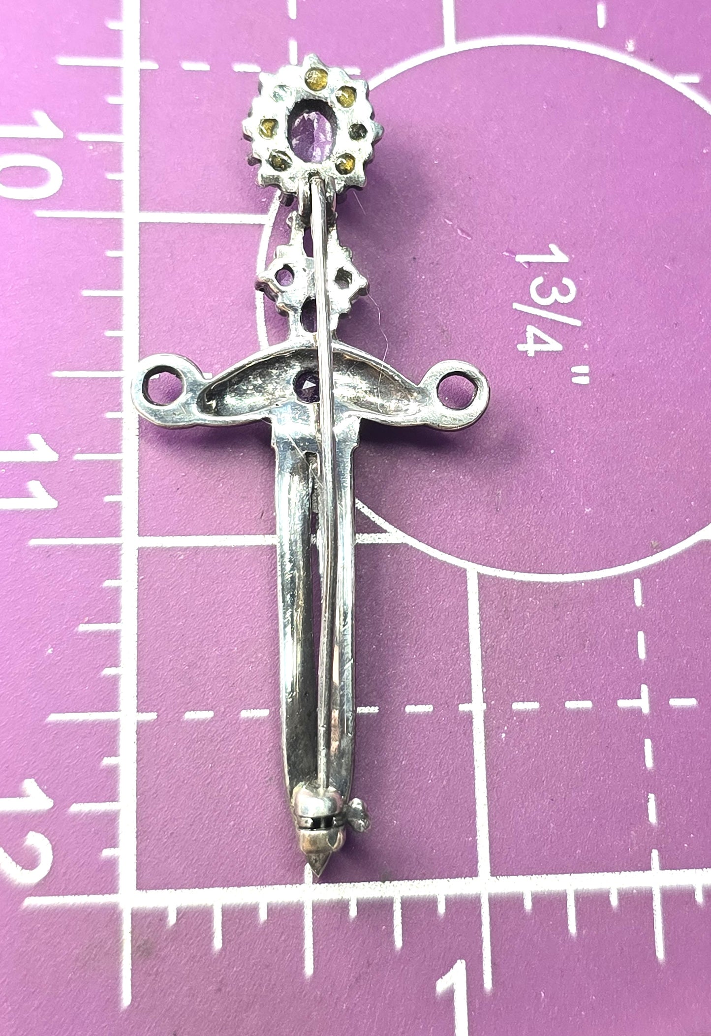 Amethyst Black and purple marcasite Dagger vintage sterling silver Pin Brooch