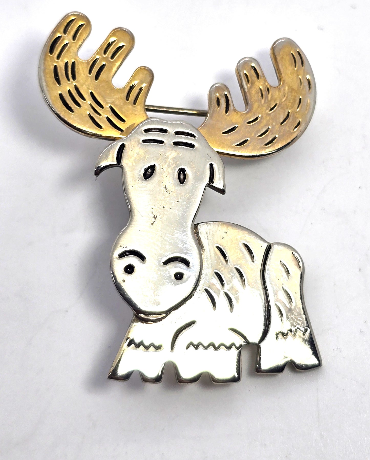 Moose Winter Christmas Holiday vintage two toned silver plated pendant brooch