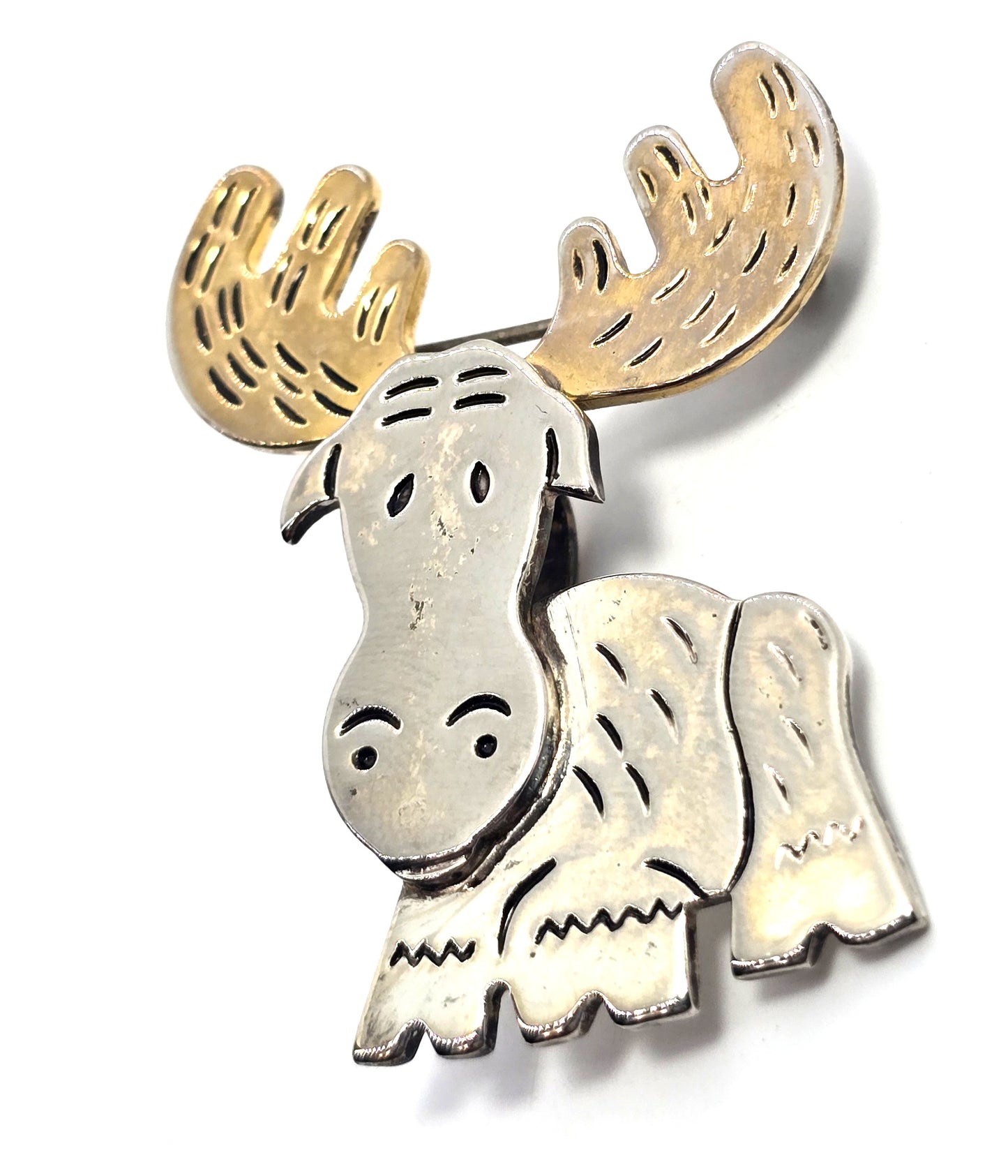 Moose Winter Christmas Holiday vintage two toned silver plated pendant brooch
