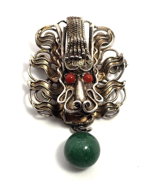 Dragon Chinese Export antique sterling silver Jade and coral brooch