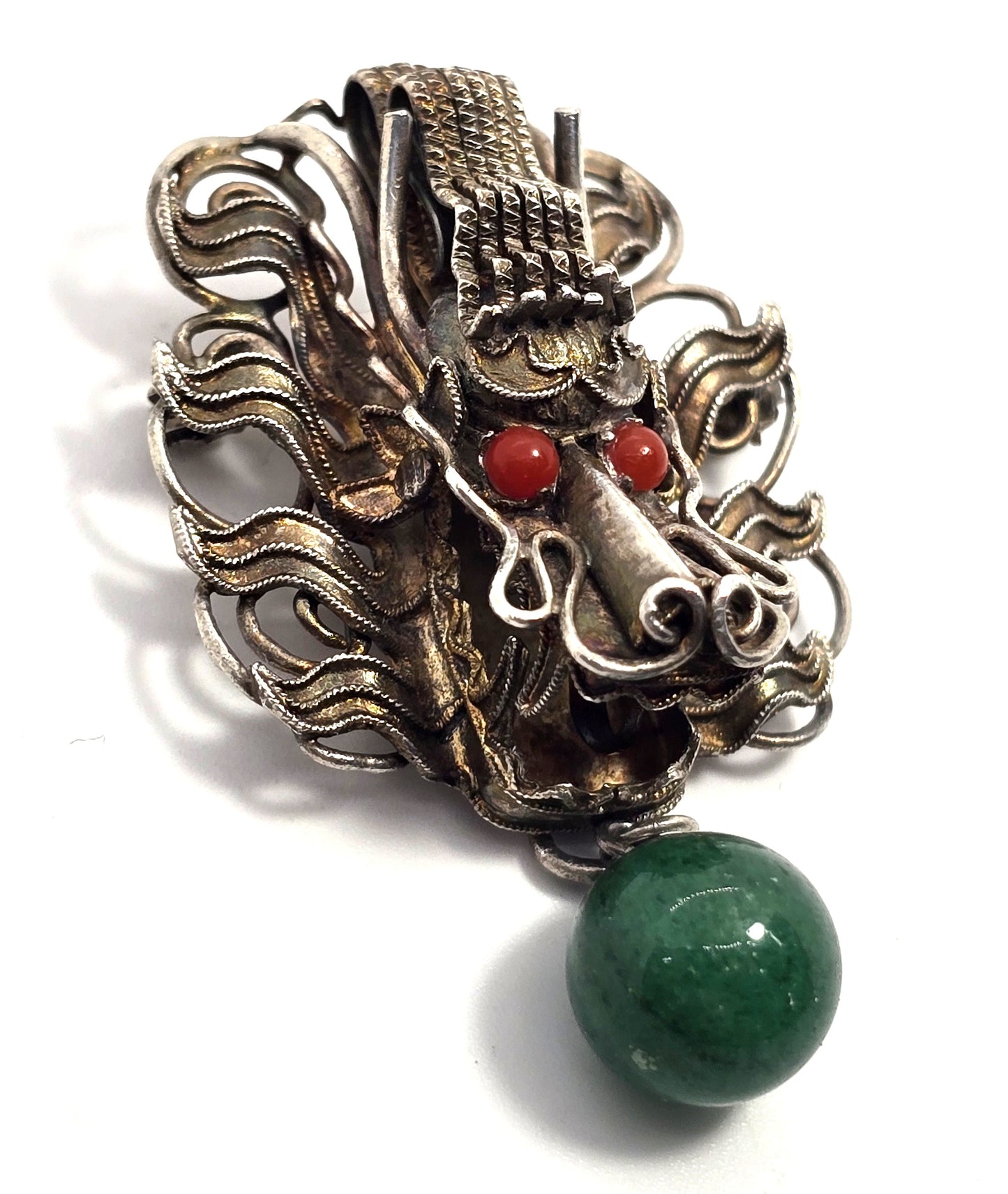 Dragon Chinese Export antique sterling silver Jade and coral brooch