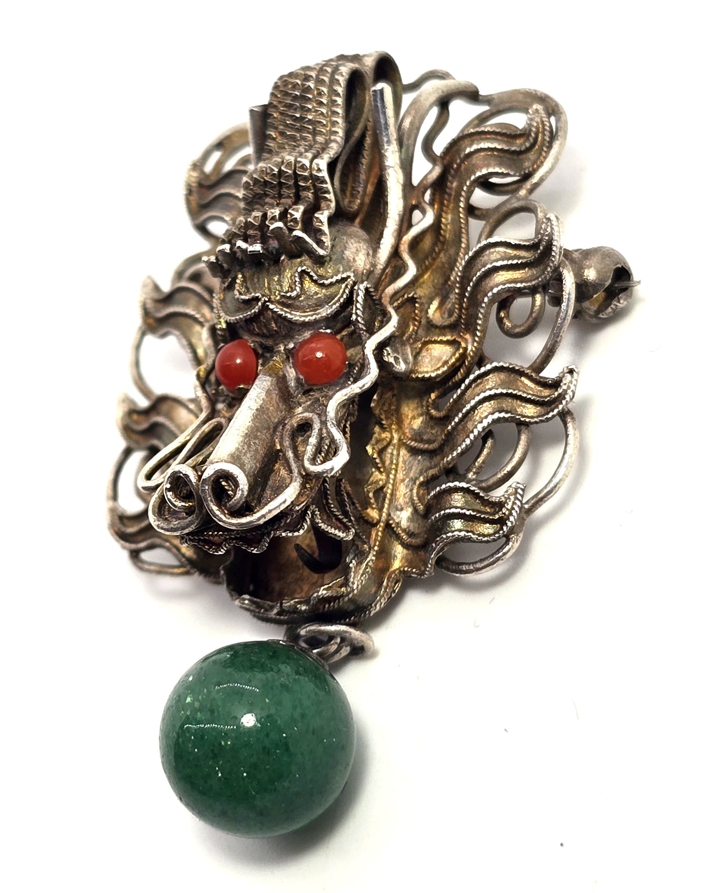Dragon Chinese Export antique sterling silver Jade and coral brooch