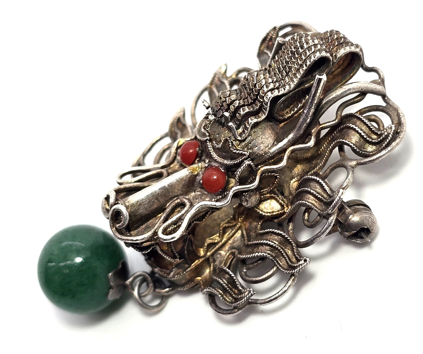 Dragon Chinese Export antique sterling silver Jade and coral brooch