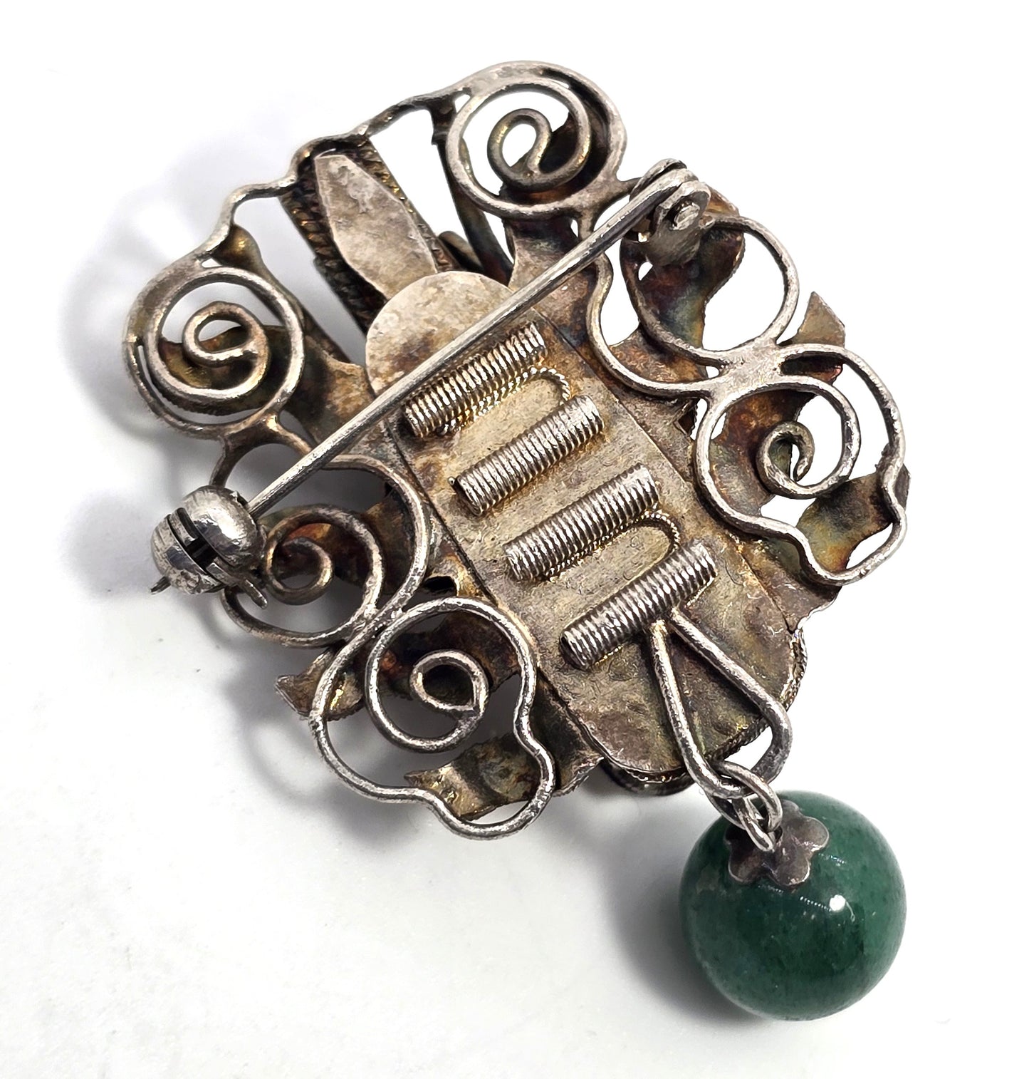 Dragon Chinese Export antique sterling silver Jade and coral brooch