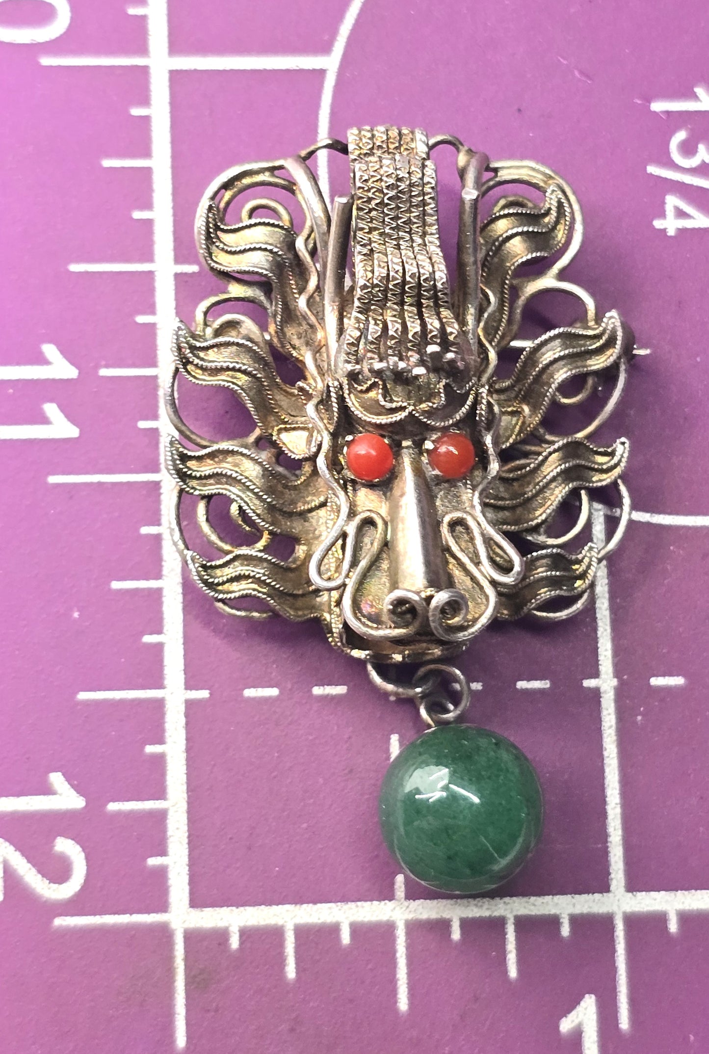 Dragon Chinese Export antique sterling silver Jade and coral brooch