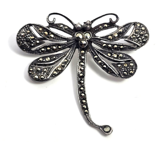 Dragonfly marcasite vintage sterling silver open work brooch