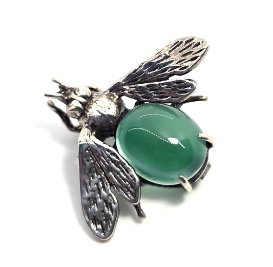 Green Chalcedony flying insect vintage sterling silver lapel brooch