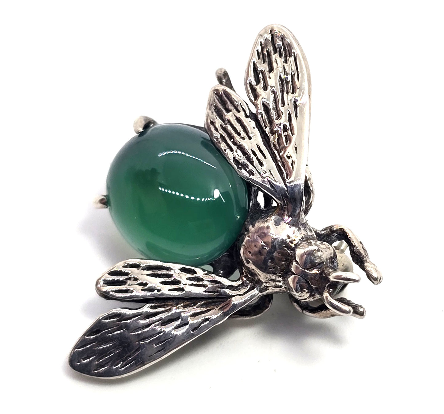 Green Chalcedony flying insect vintage sterling silver lapel brooch
