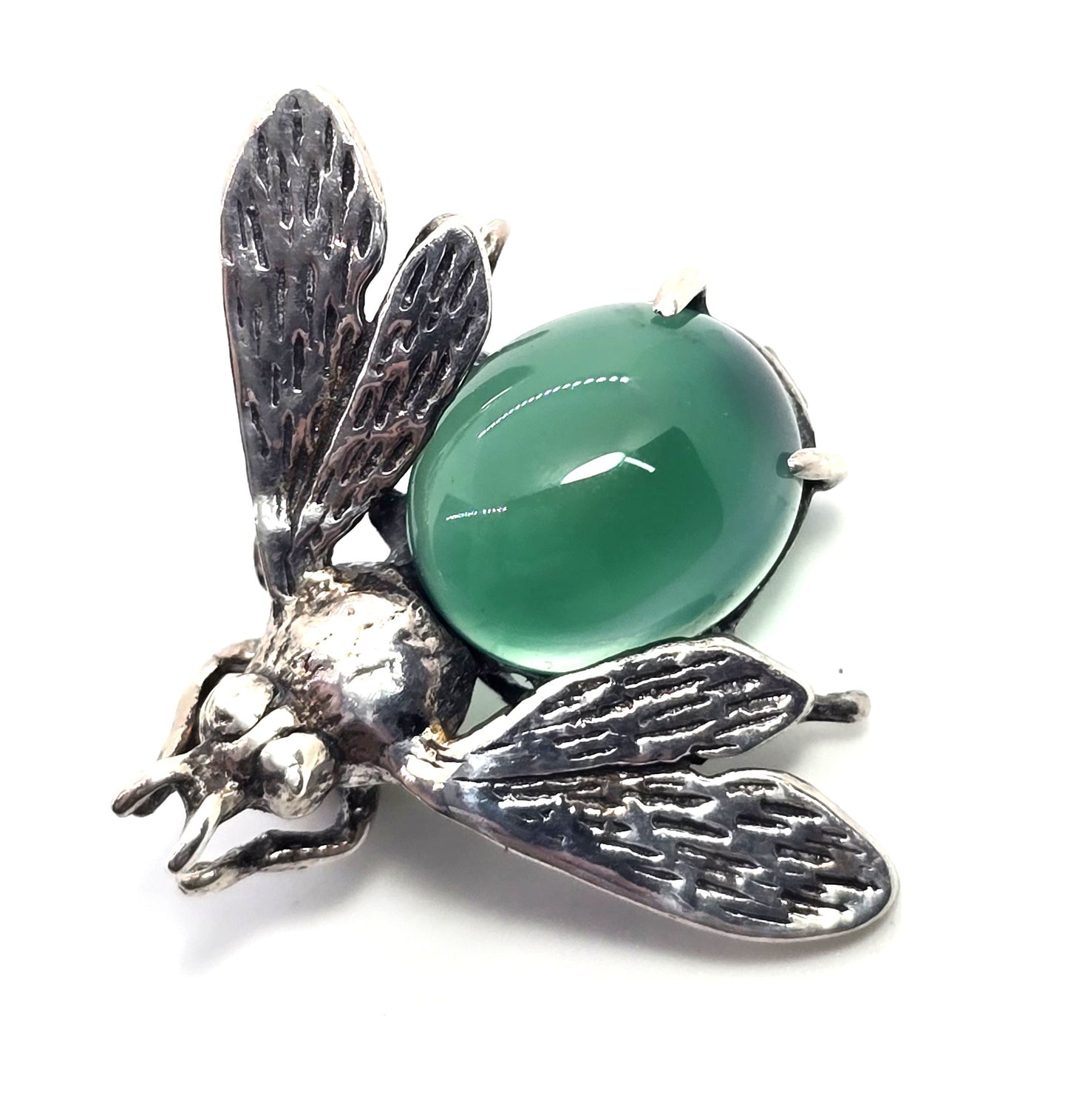 Green Chalcedony flying insect vintage sterling silver lapel brooch