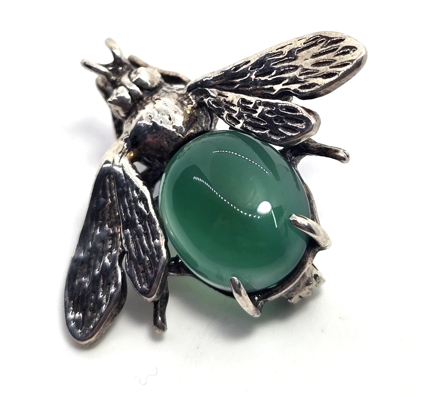 Green Chalcedony flying insect vintage sterling silver lapel brooch