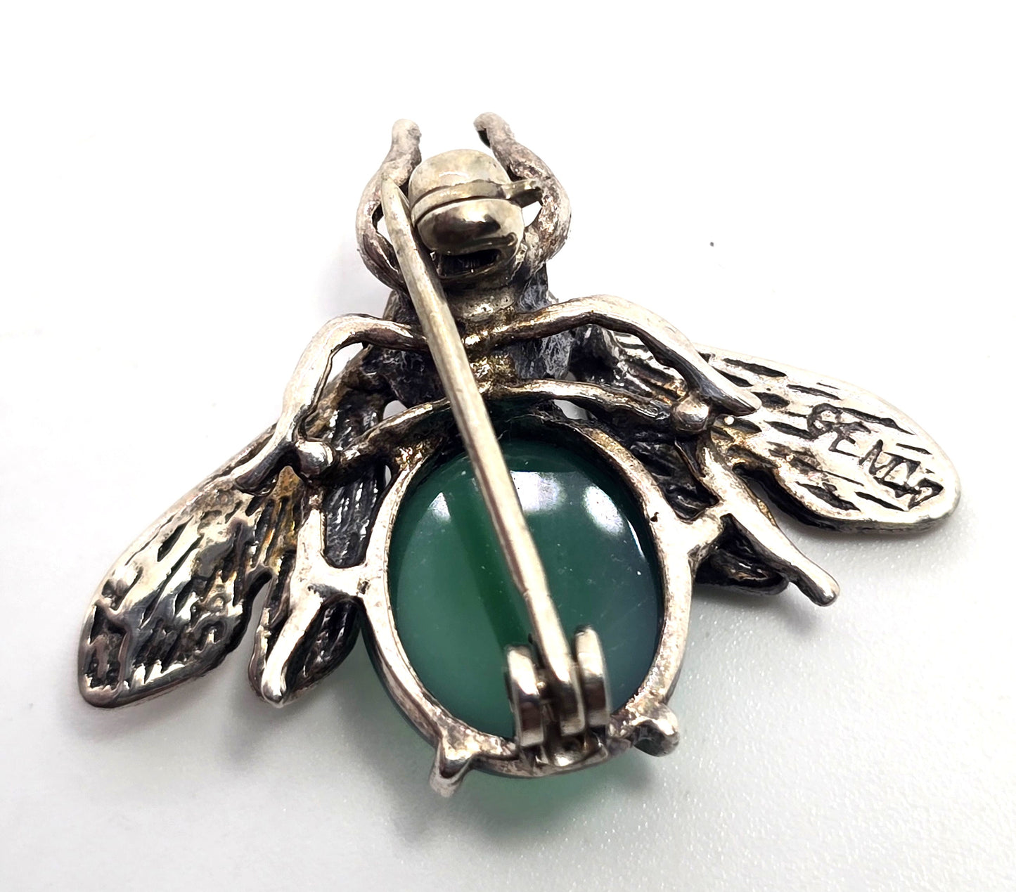 Green Chalcedony flying insect vintage sterling silver lapel brooch