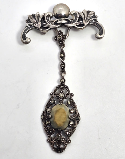 Art Nouveau Lily fob antique sterling silver fob brooch marcasite green stone drop