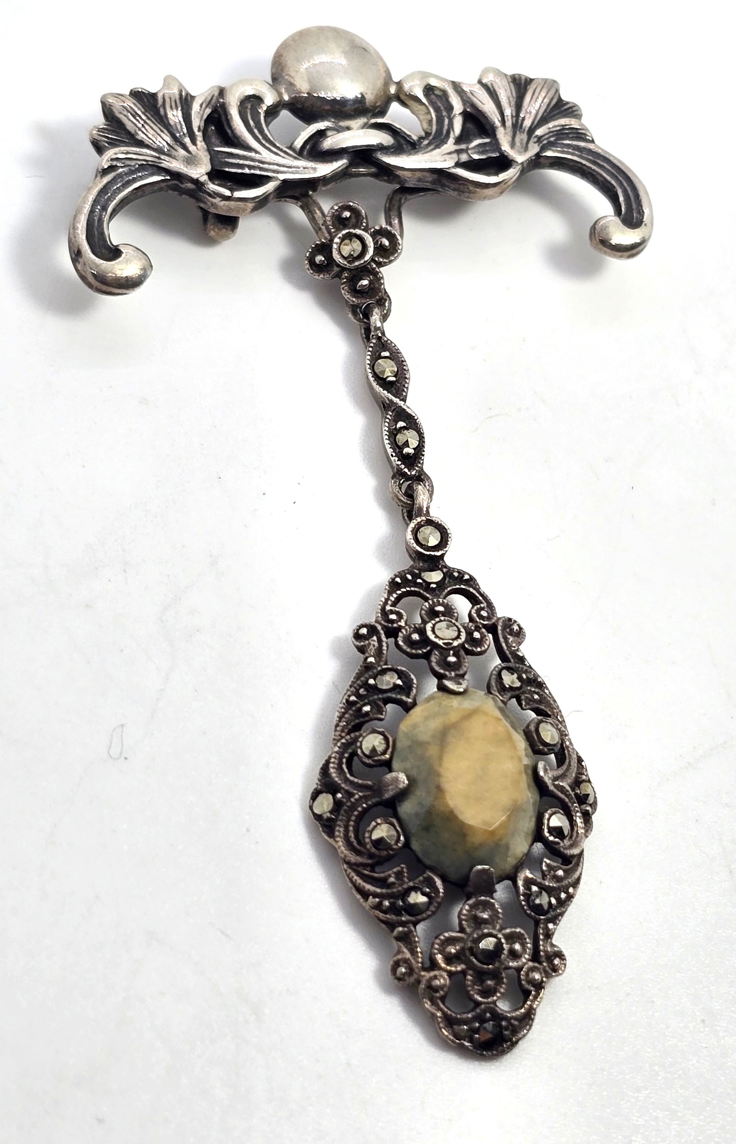 Art Nouveau Lily fob antique sterling silver fob brooch marcasite green stone drop