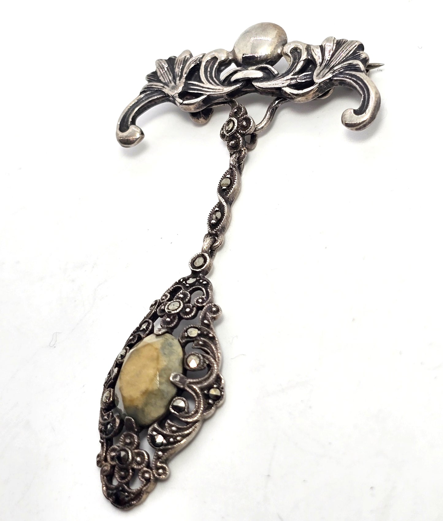 Art Nouveau Lily fob antique sterling silver fob brooch marcasite green stone drop